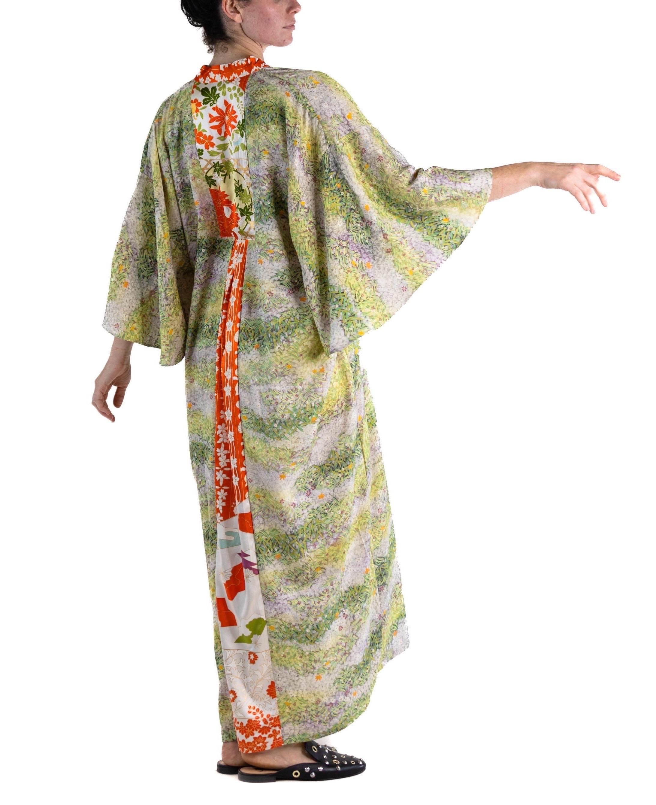 MORPHEW COLLECTION Grass Green Orange Japanese Kimono Silk Kaftan For Sale 1