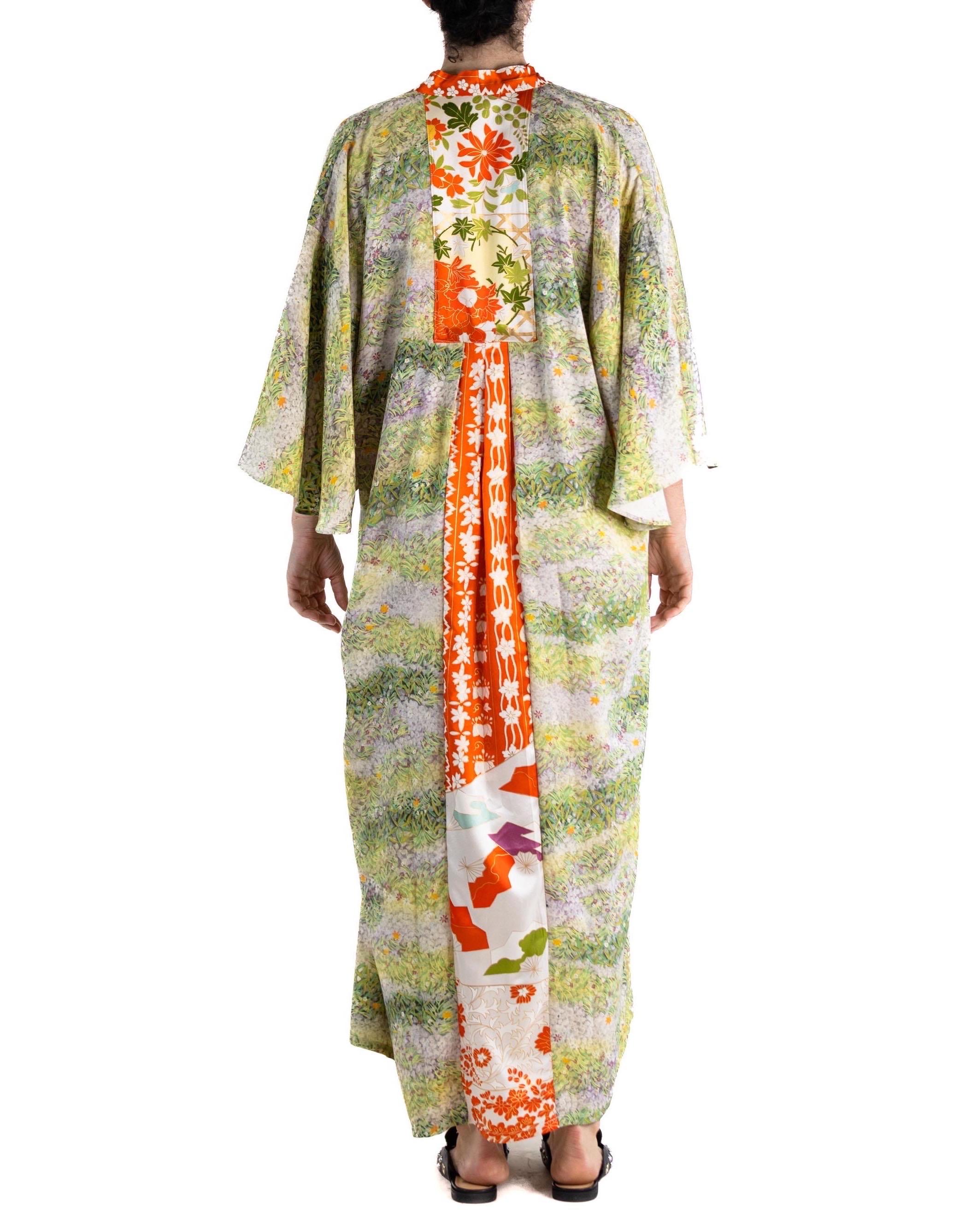 MORPHEW COLLECTION Grass Green Orange Japanese Kimono Silk Kaftan For Sale 2