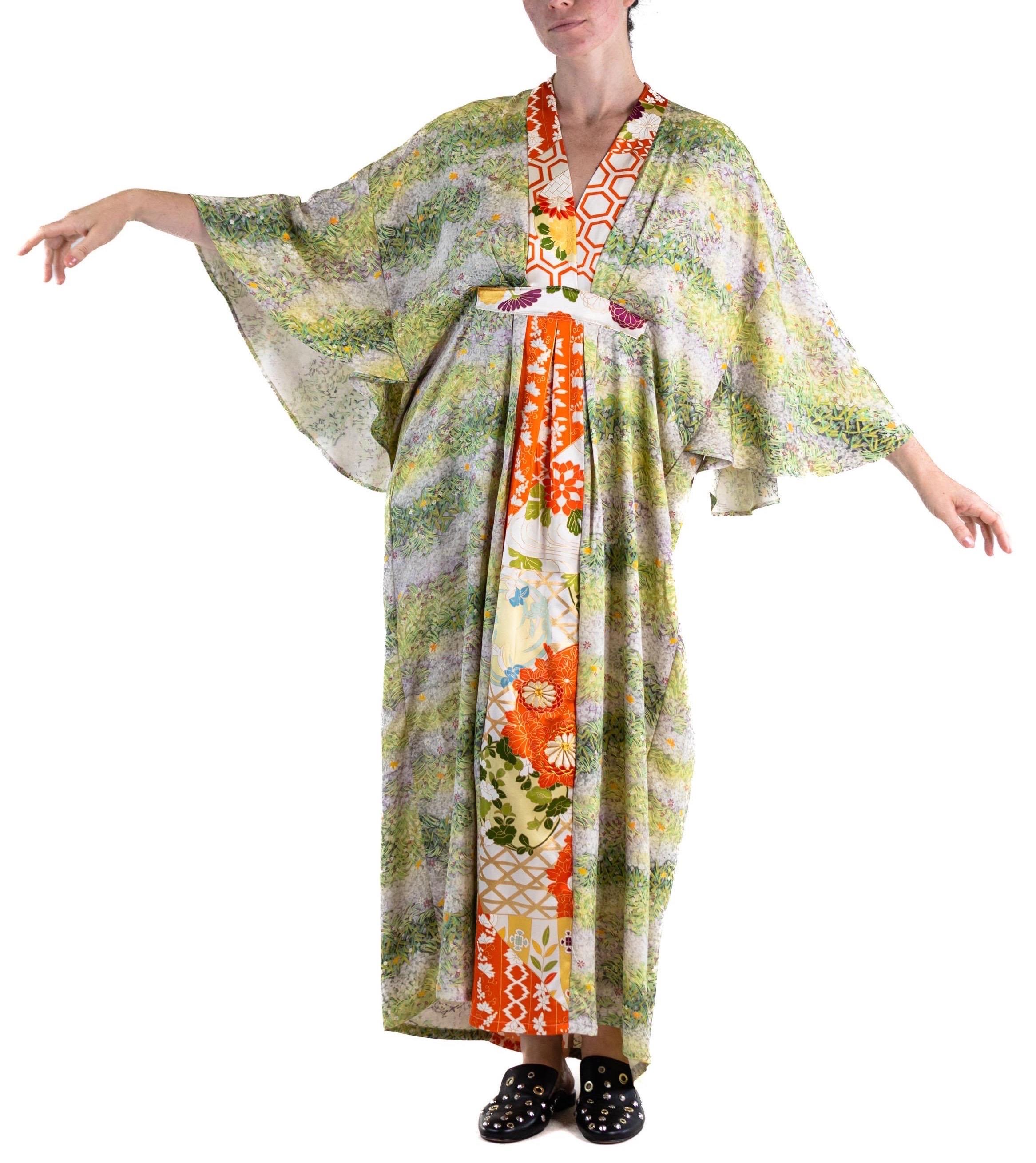 MORPHEW COLLECTION Grass Green Orange Japanese Kimono Silk Kaftan For Sale 3