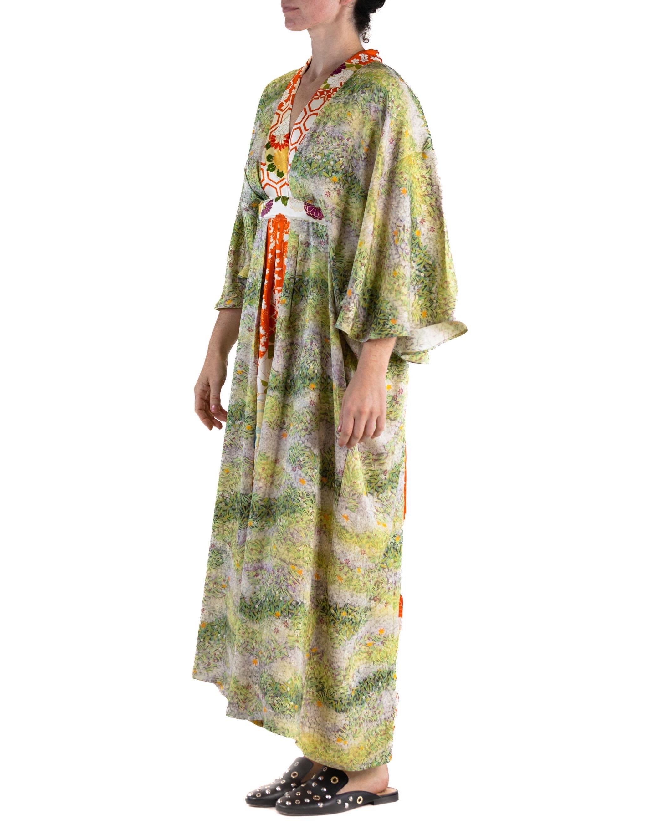 MORPHEW COLLECTION Grass Green Orange Japanese Kimono Silk Kaftan For Sale 4