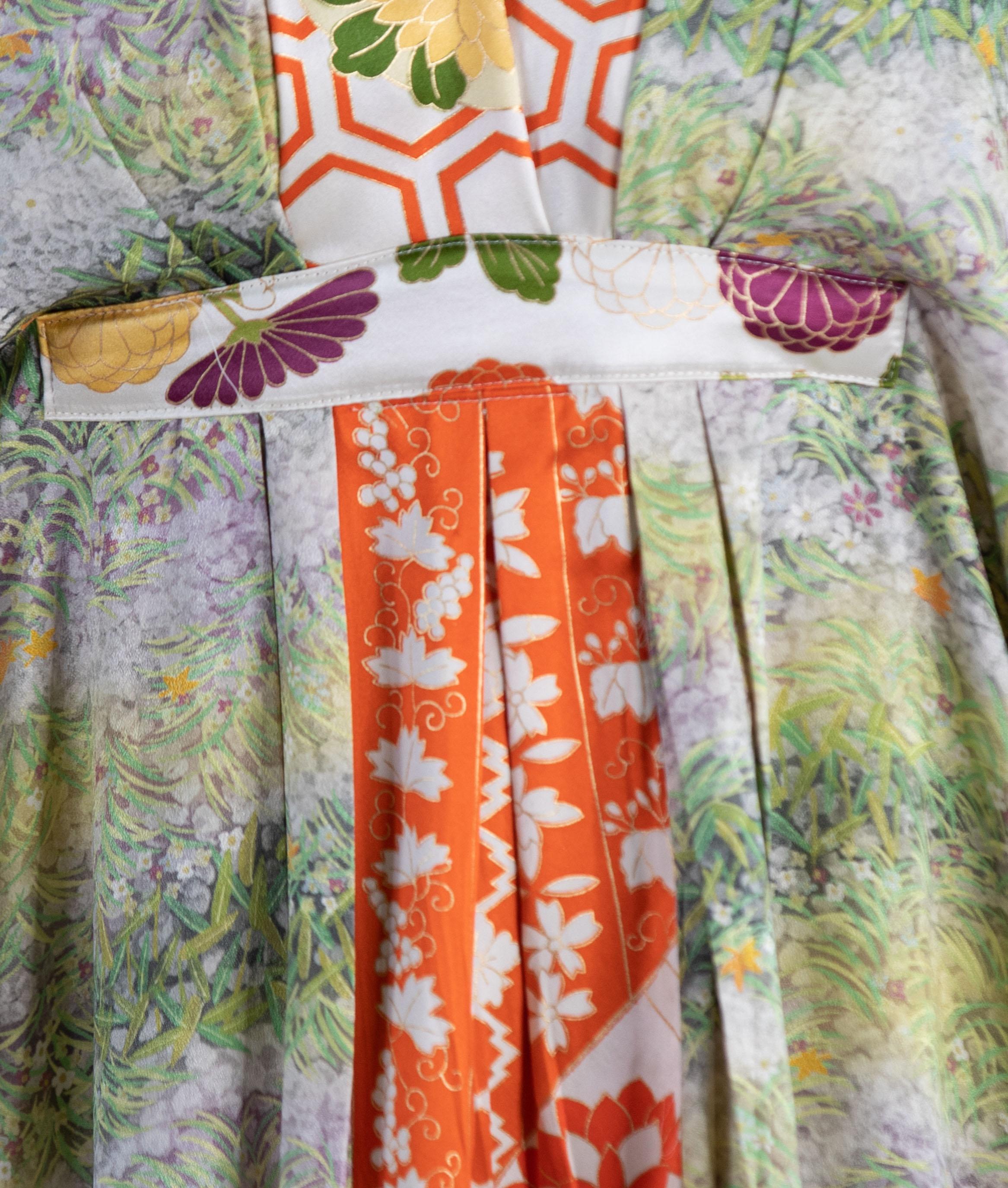 MORPHEW COLLECTION Grass Green Orange Japanese Kimono Silk Kaftan For Sale 5