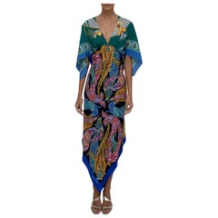 MORPHEW COLLECTION Green, Black 
Blue Silk Floral 2-Scarf Dress Made From Salv