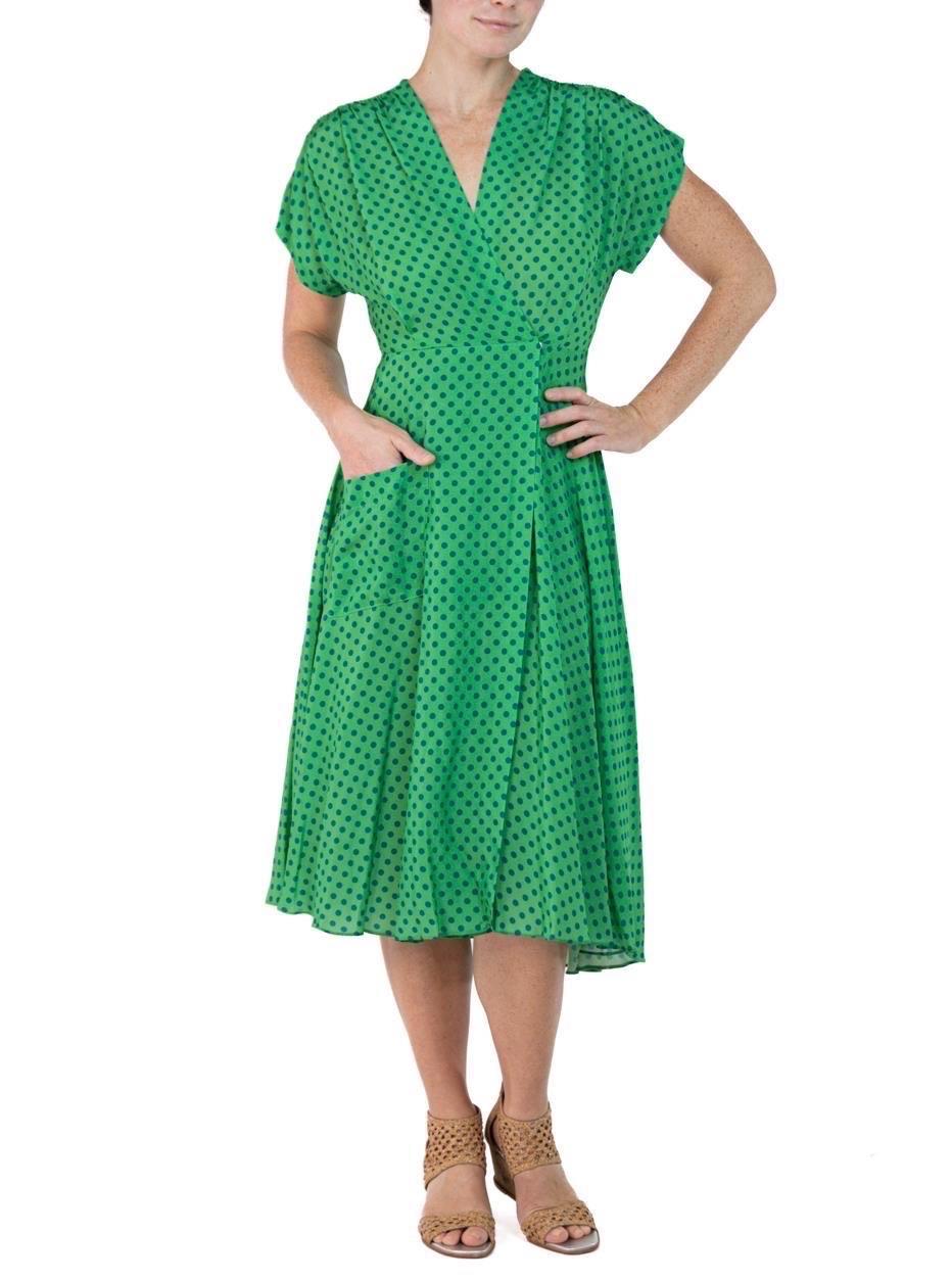 Women's Morphew Collection Green & Blue Polka Dot Novelty Print Cold Rayon Bias Dress M For Sale