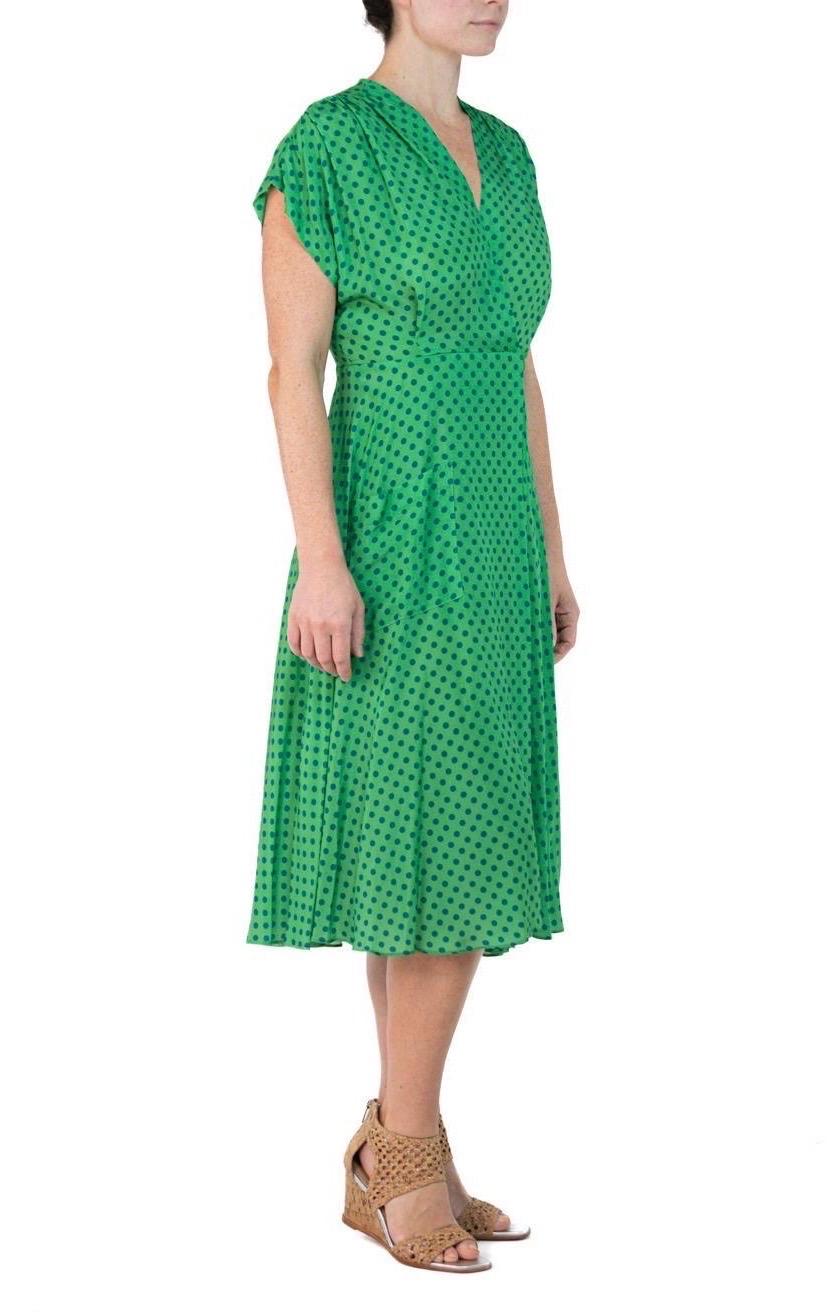 Morphew Collection Green & Blue Polka Dot Novelty Print Cold Rayon Bias Dress M For Sale 2