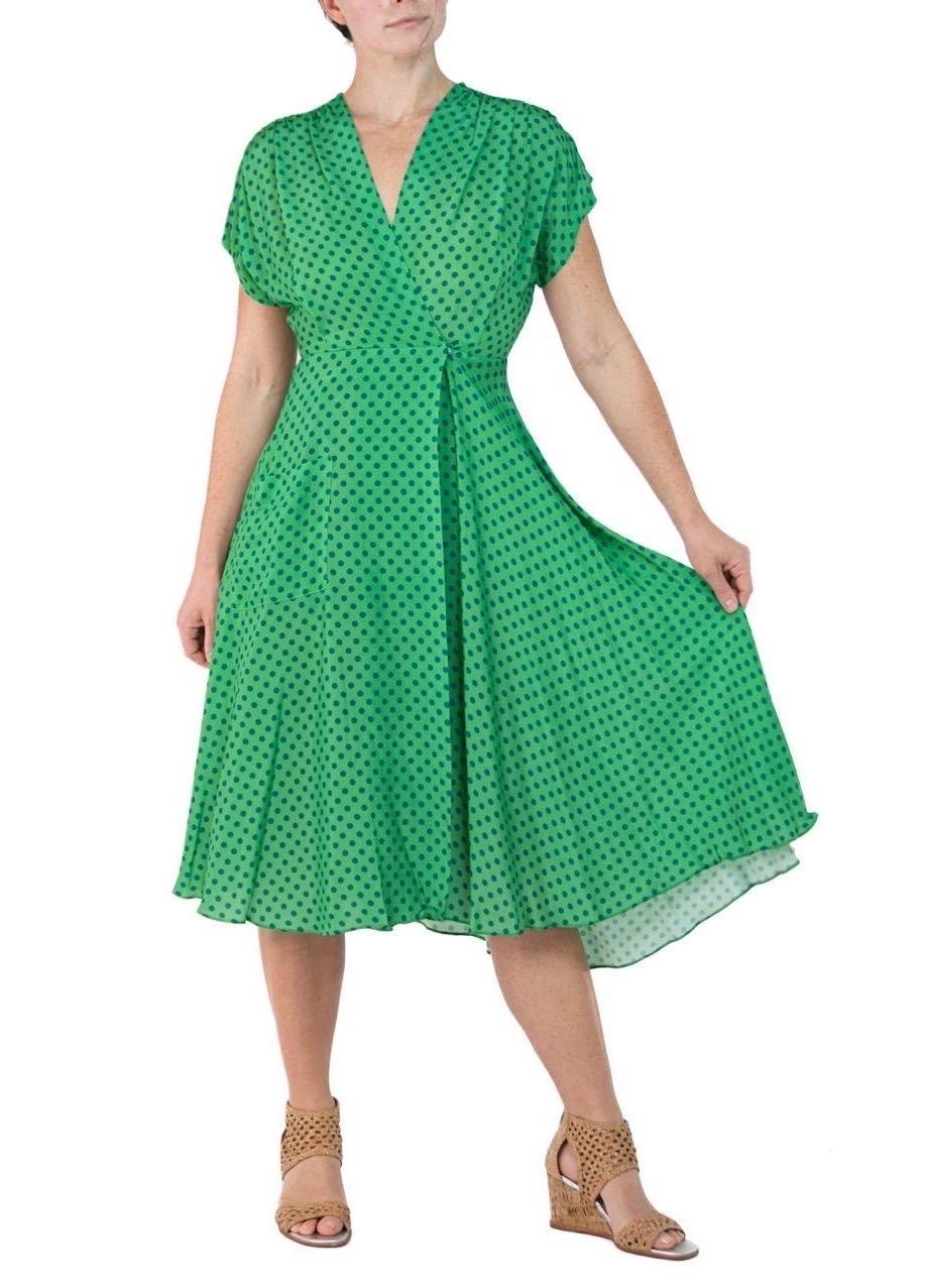 Morphew Collection Green & Blue Polka Dot Novelty Print Cold Rayon Bias Dress M For Sale 3