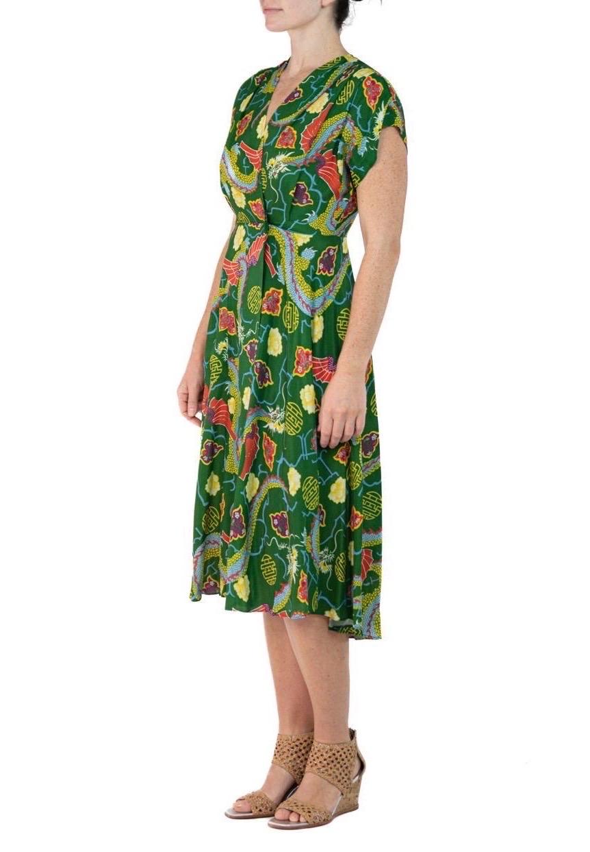 Morphew Collection Green Chinese Dragon Novelty Print Cold Rayon Bias Dress Mas In Excellent Condition For Sale In New York, NY