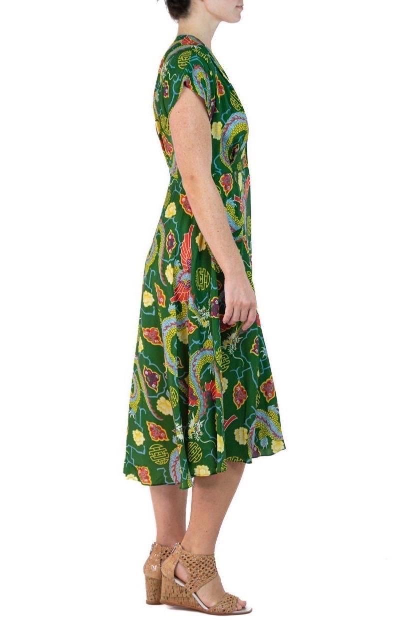 Morphew Collection Green Chinese Dragon Novelty Print Cold Rayon Bias Dress Mas For Sale 2