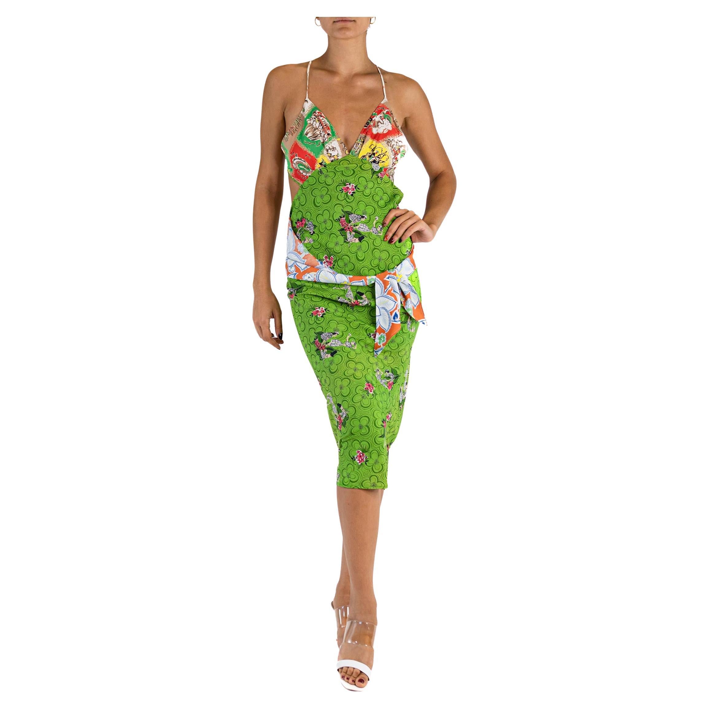 MC Green Multicolored Bias Cut 1940S Cold Rayon Hawaiian Print