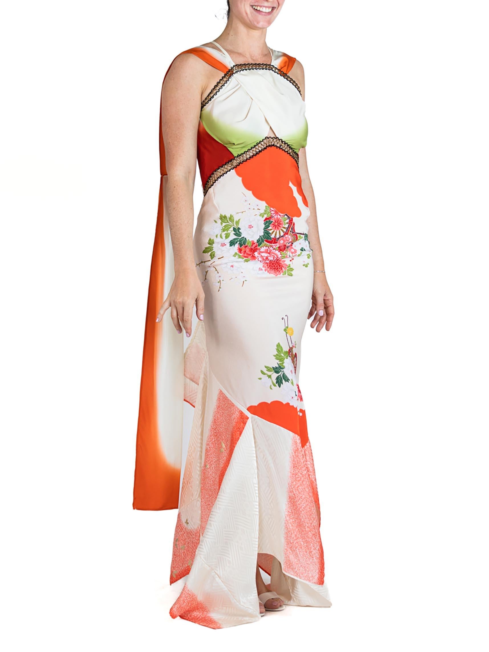 Women's MORPHEW COLLECTION Green & Orange Bias Cut Japanese Kimono Silk Geisha Gown Wit For Sale