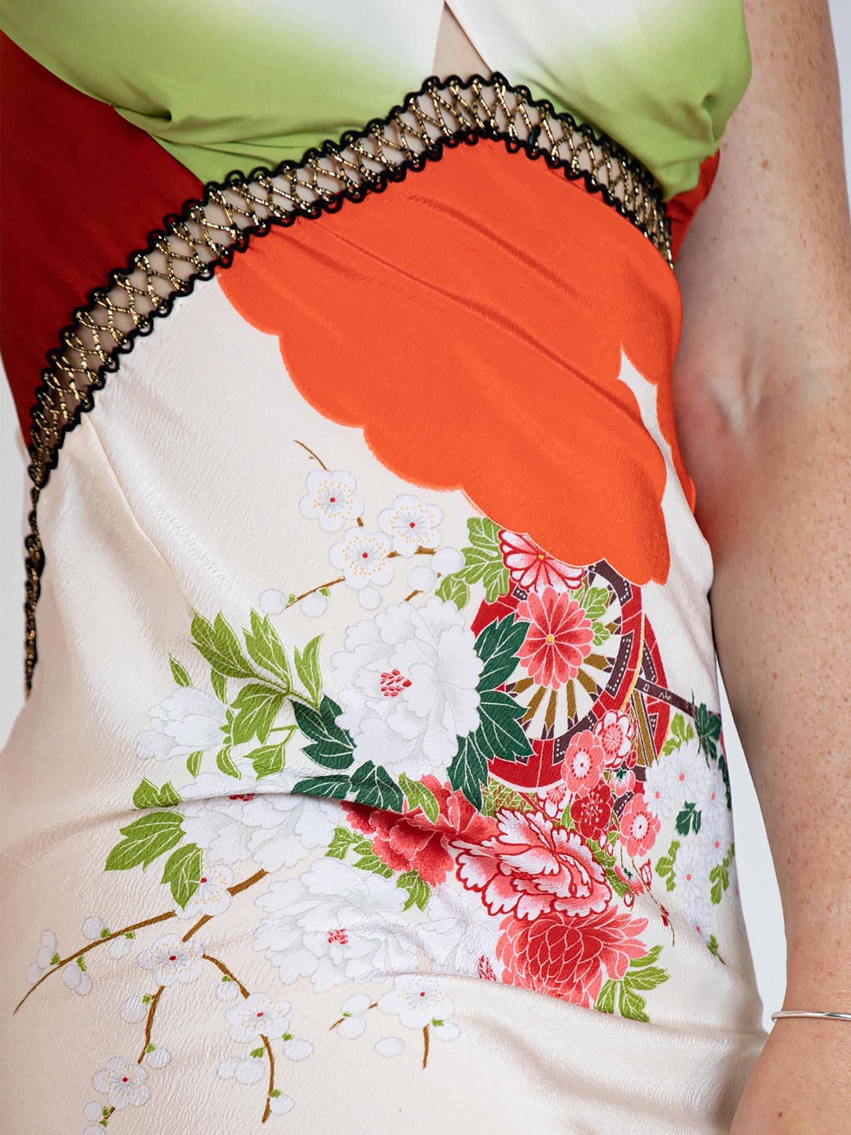 MORPHEW COLLECTION Green & Orange Bias Cut Japanese Kimono Silk Geisha Gown Wit For Sale 2