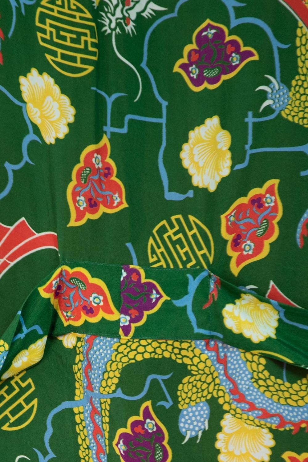 Morphew Collection Green & Orange Dragon Novelty Print Cold Rayon Bias Kimono O For Sale 6
