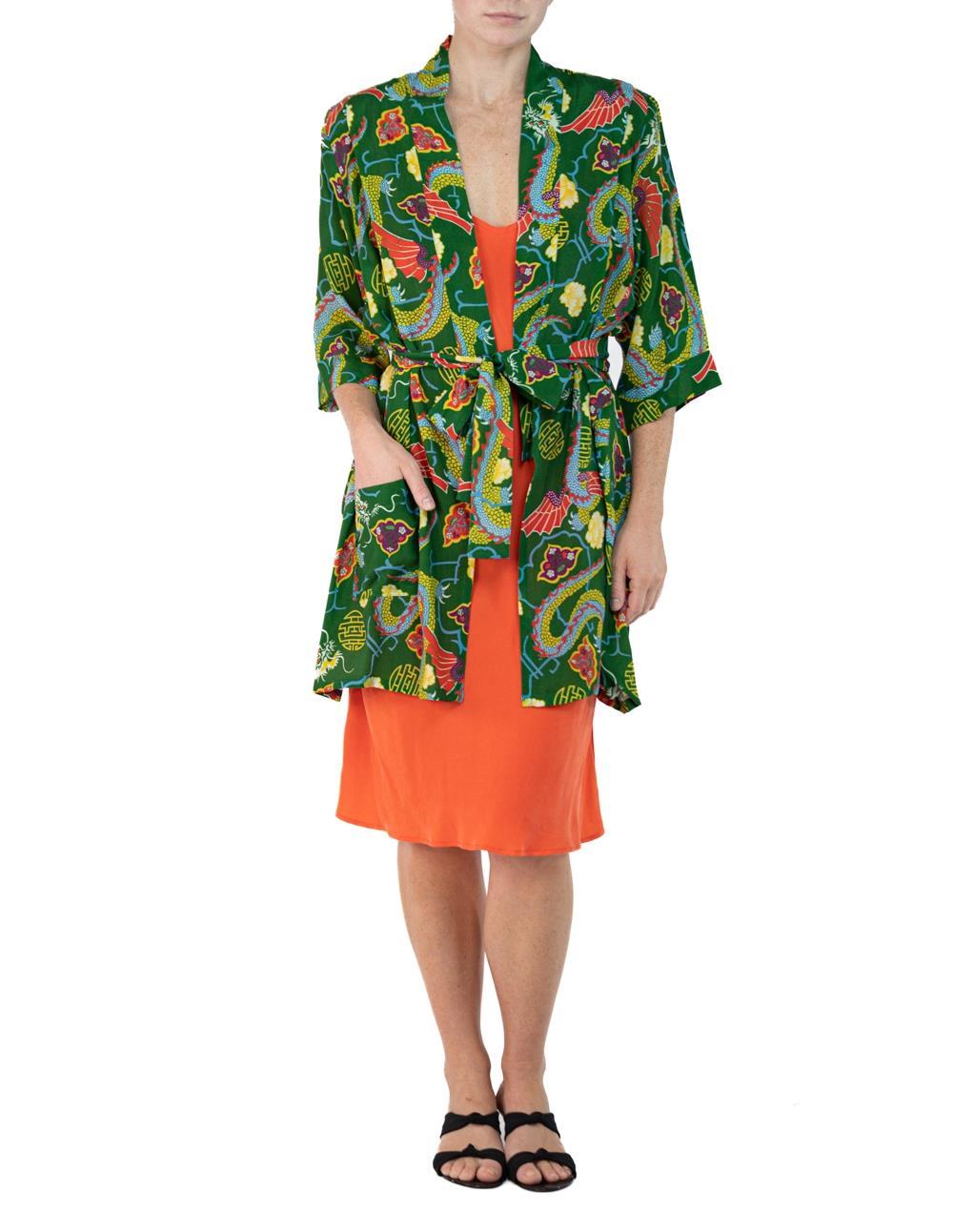 Women's Morphew Collection Green & Orange Dragon Novelty Print Cold Rayon Bias Kimono O For Sale