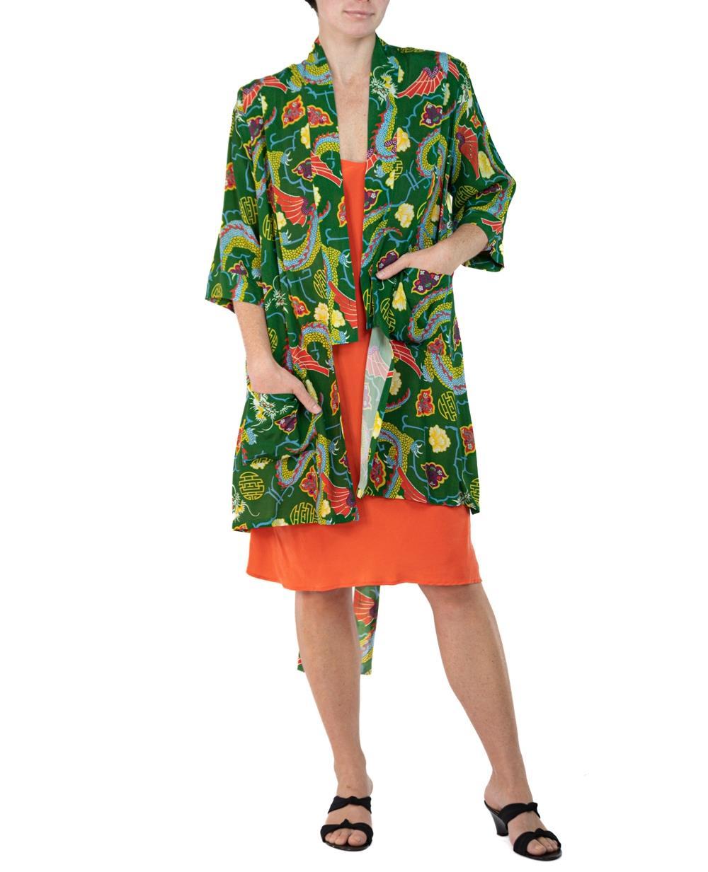Morphew Collection Green & Orange Dragon Novelty Print Cold Rayon Bias Kimono O For Sale 1