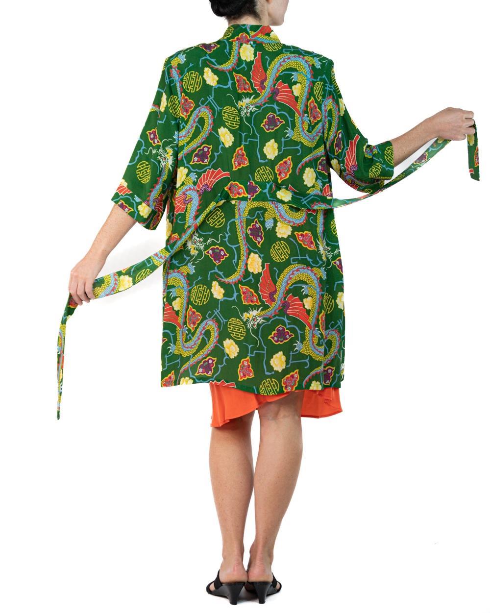 Morphew Collection Green & Orange Dragon Novelty Print Cold Rayon Bias Kimono O For Sale 2