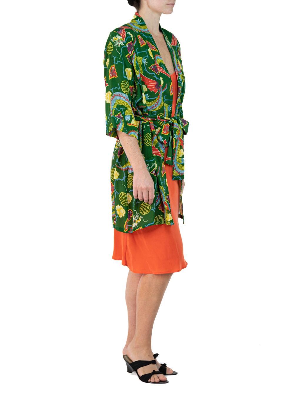 Morphew Collection Green & Orange Dragon Novelty Print Cold Rayon Bias Kimono O For Sale 3