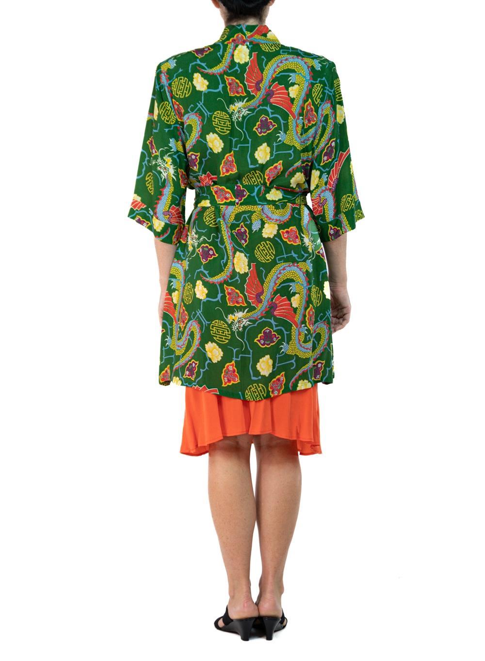 Morphew Collection Green & Orange Dragon Novelty Print Cold Rayon Bias Kimono O For Sale 4