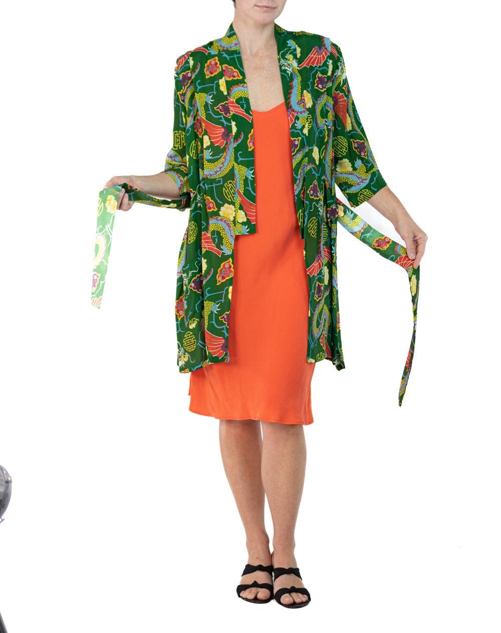 Morphew Collection Green & Orange Dragon Novelty Print Cold Rayon Bias Kimono O For Sale 5