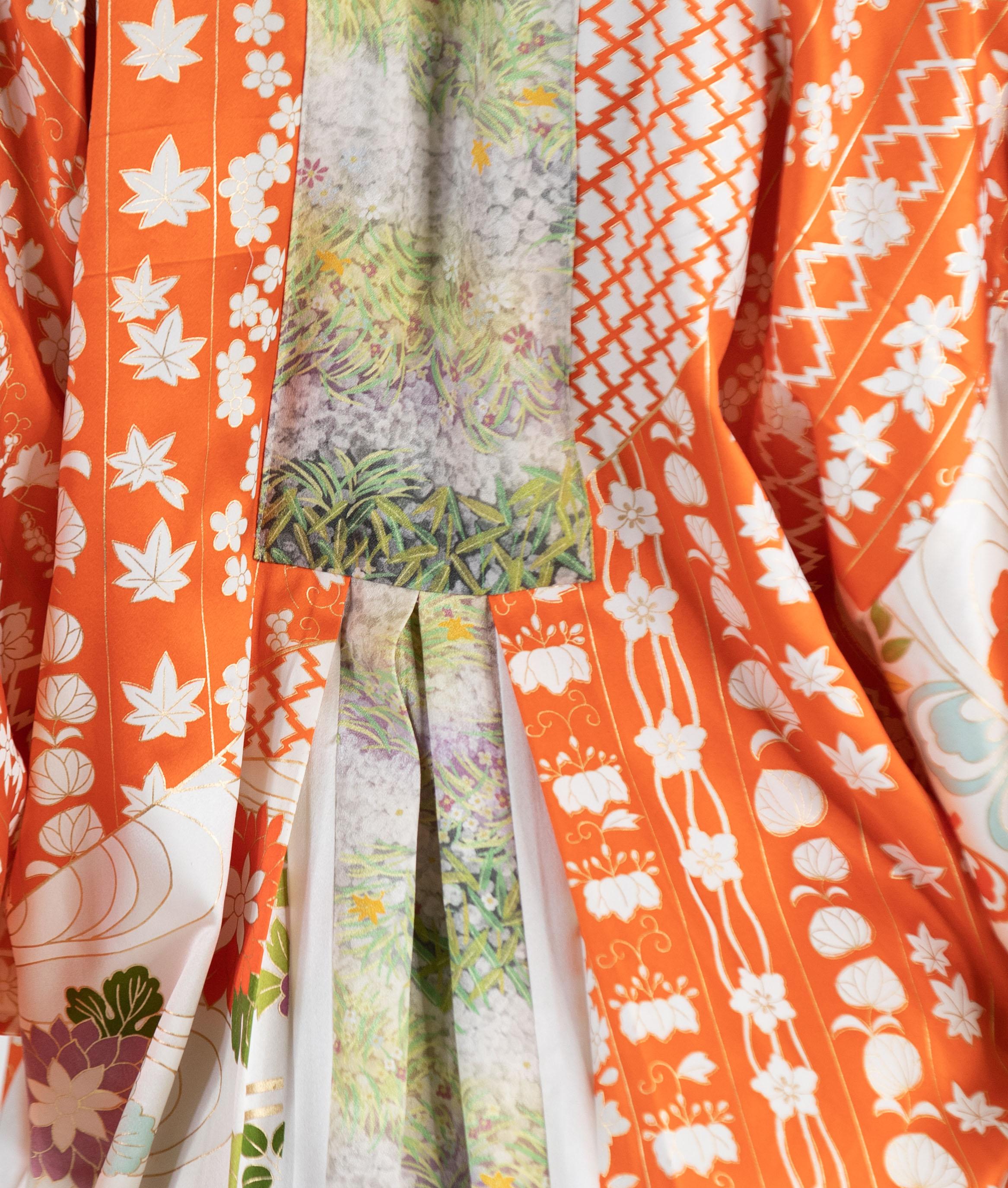 MORPHEW COLLECTION Green & Orange Japanese Kimono Silk Kaftan For Sale 6