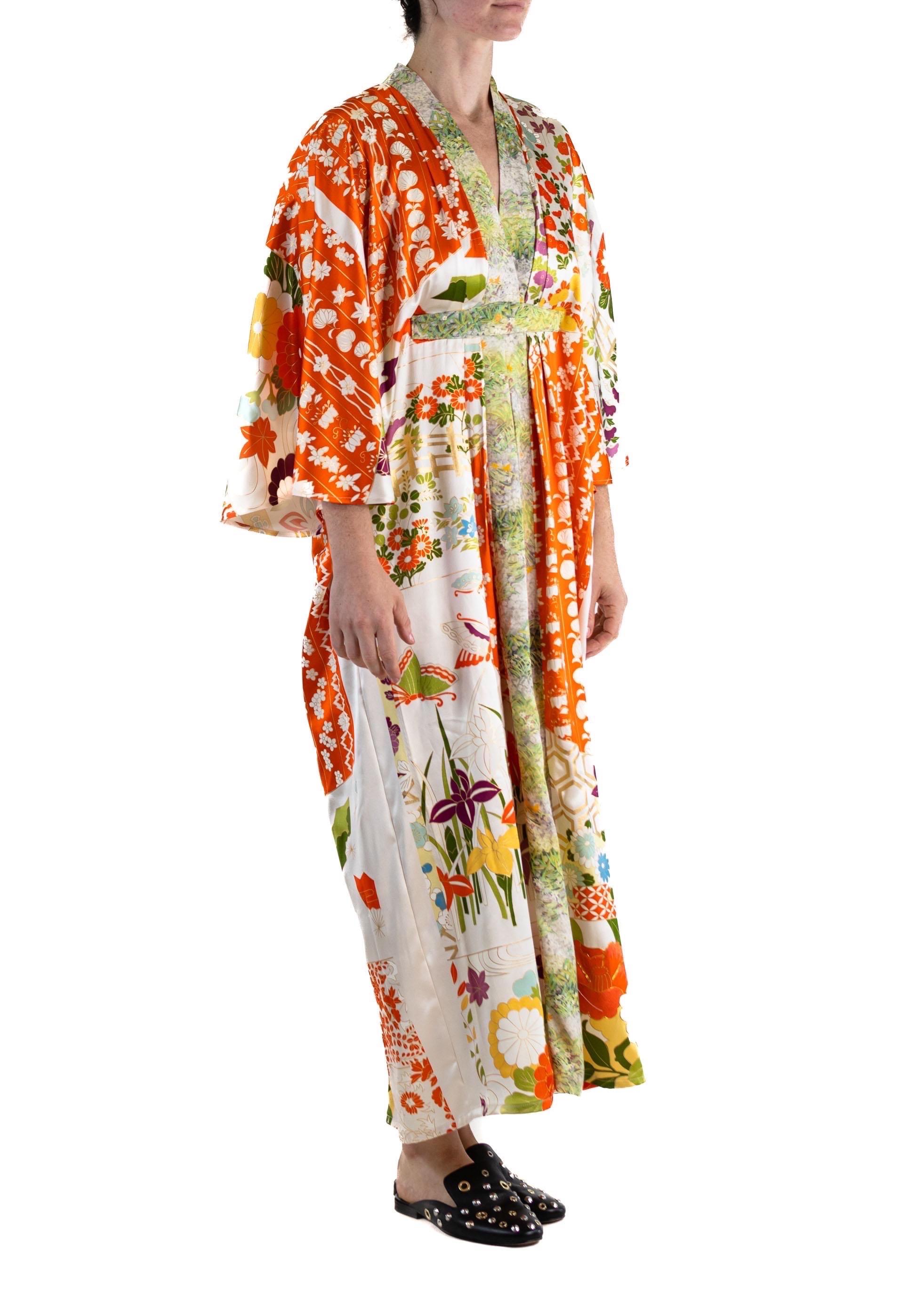 Women's or Men's MORPHEW COLLECTION Green & Orange Japanese Kimono Silk Kaftan For Sale