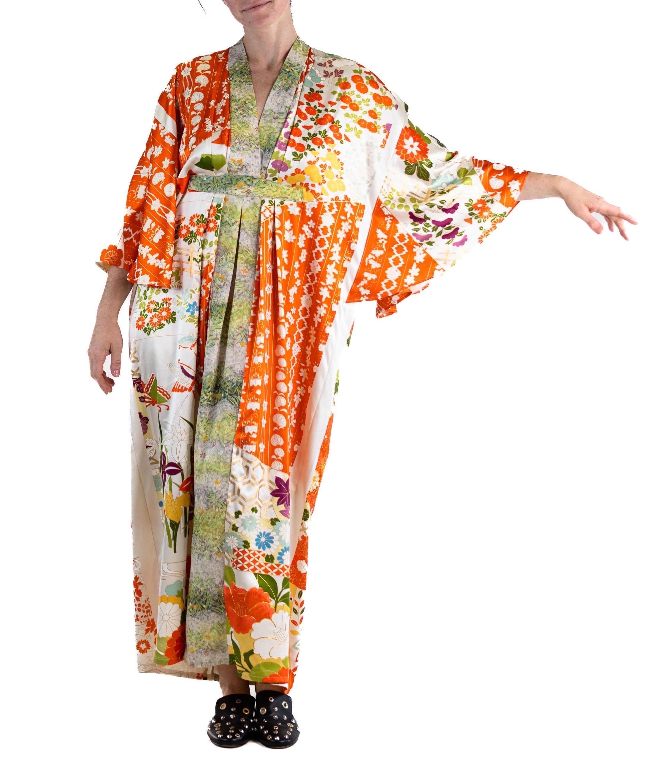 MORPHEW COLLECTION Green & Orange Japanese Kimono Silk Kaftan For Sale 1