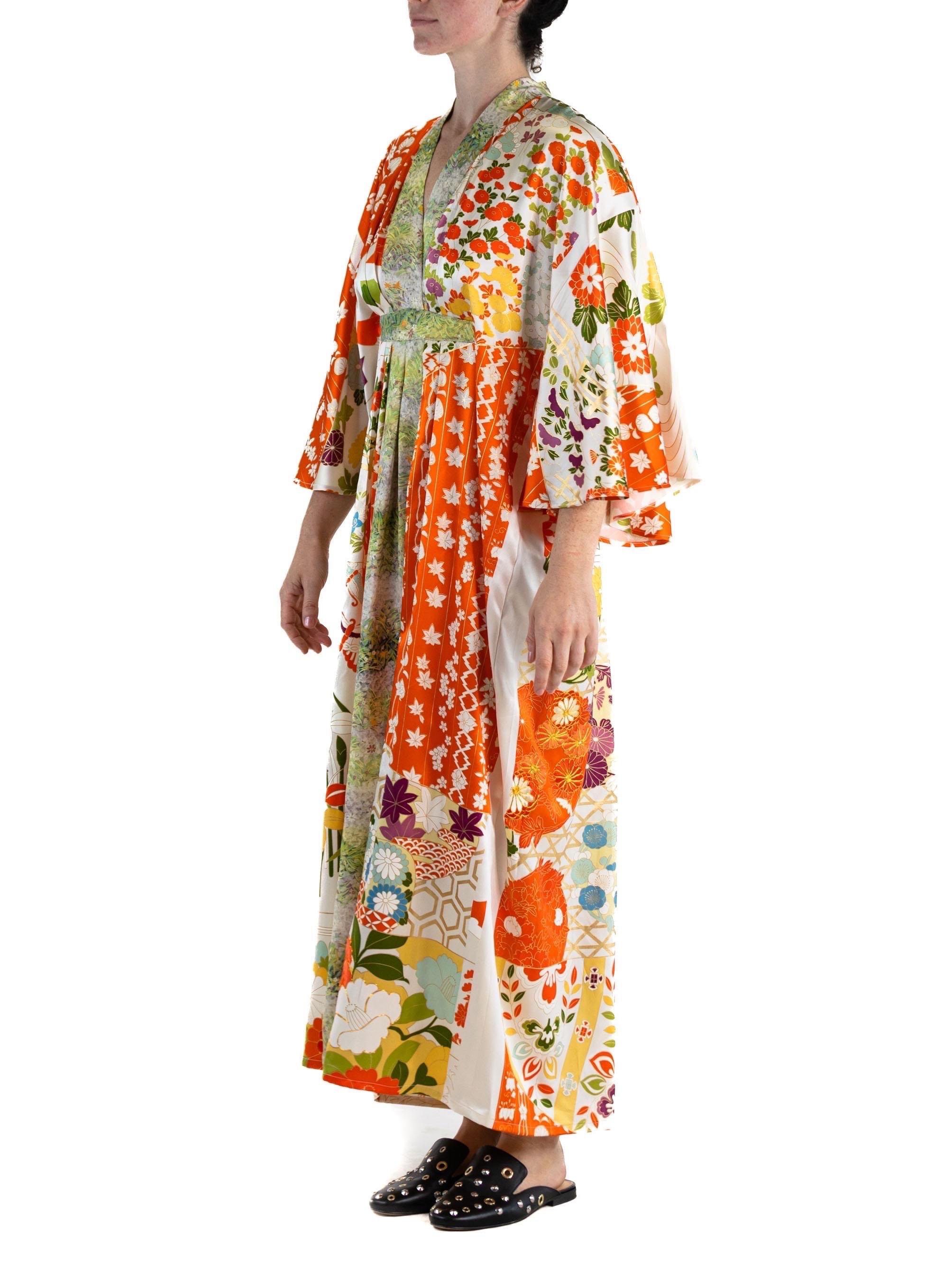 MORPHEW COLLECTION Green & Orange Japanese Kimono Silk Kaftan For Sale 2