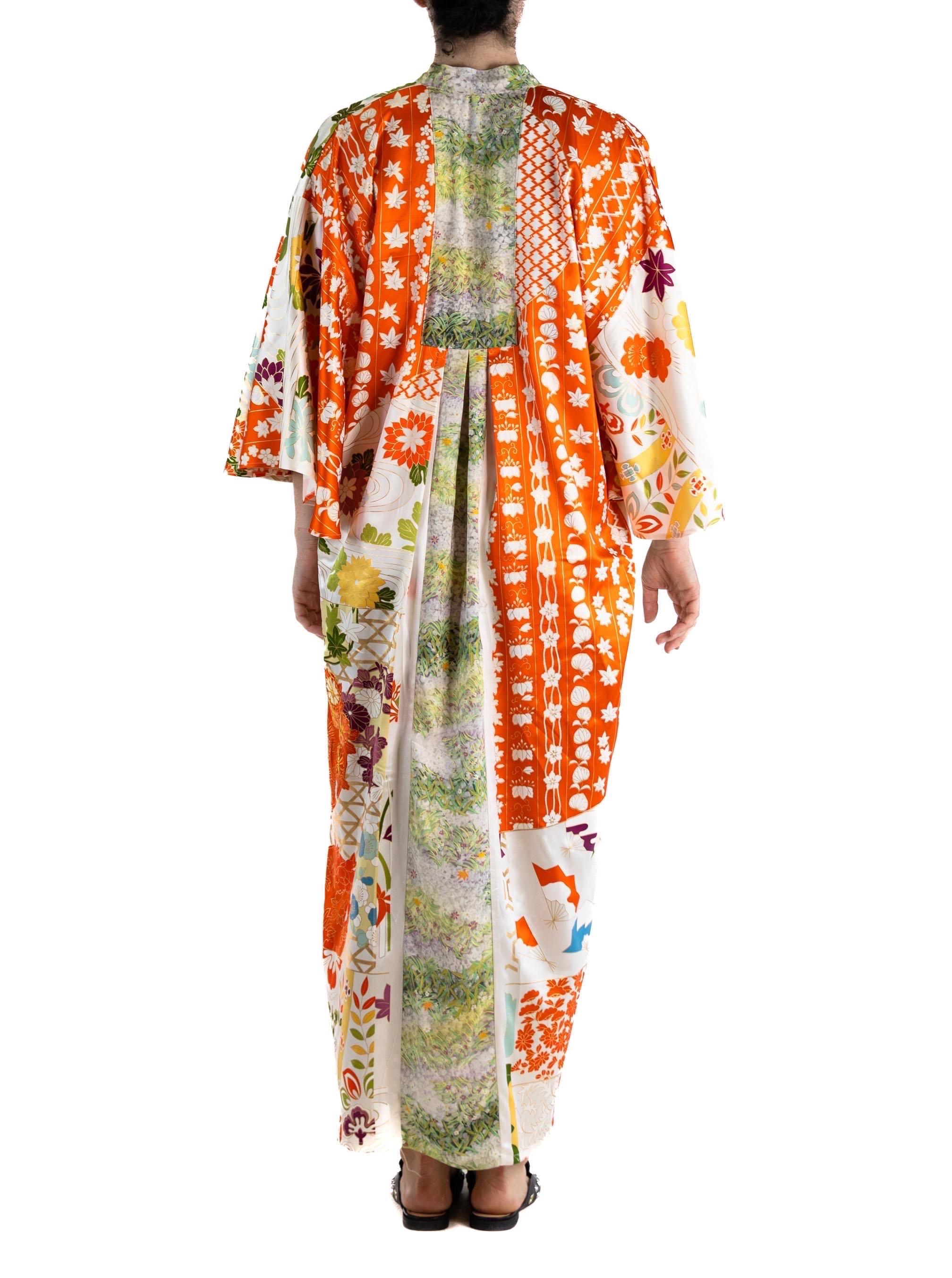 MORPHEW COLLECTION Green & Orange Japanese Kimono Silk Kaftan For Sale 3