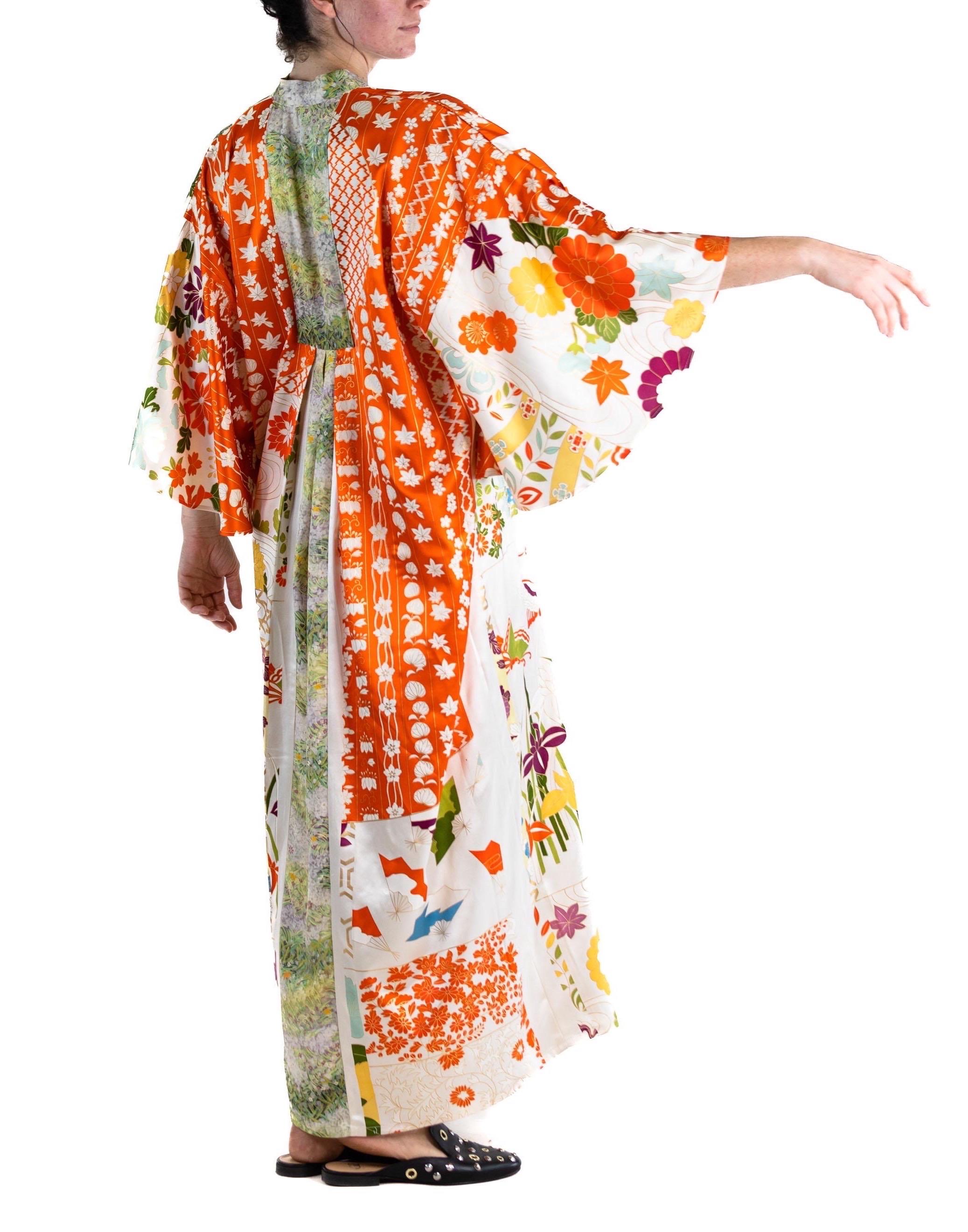 MORPHEW COLLECTION Green & Orange Japanese Kimono Silk Kaftan For Sale 4