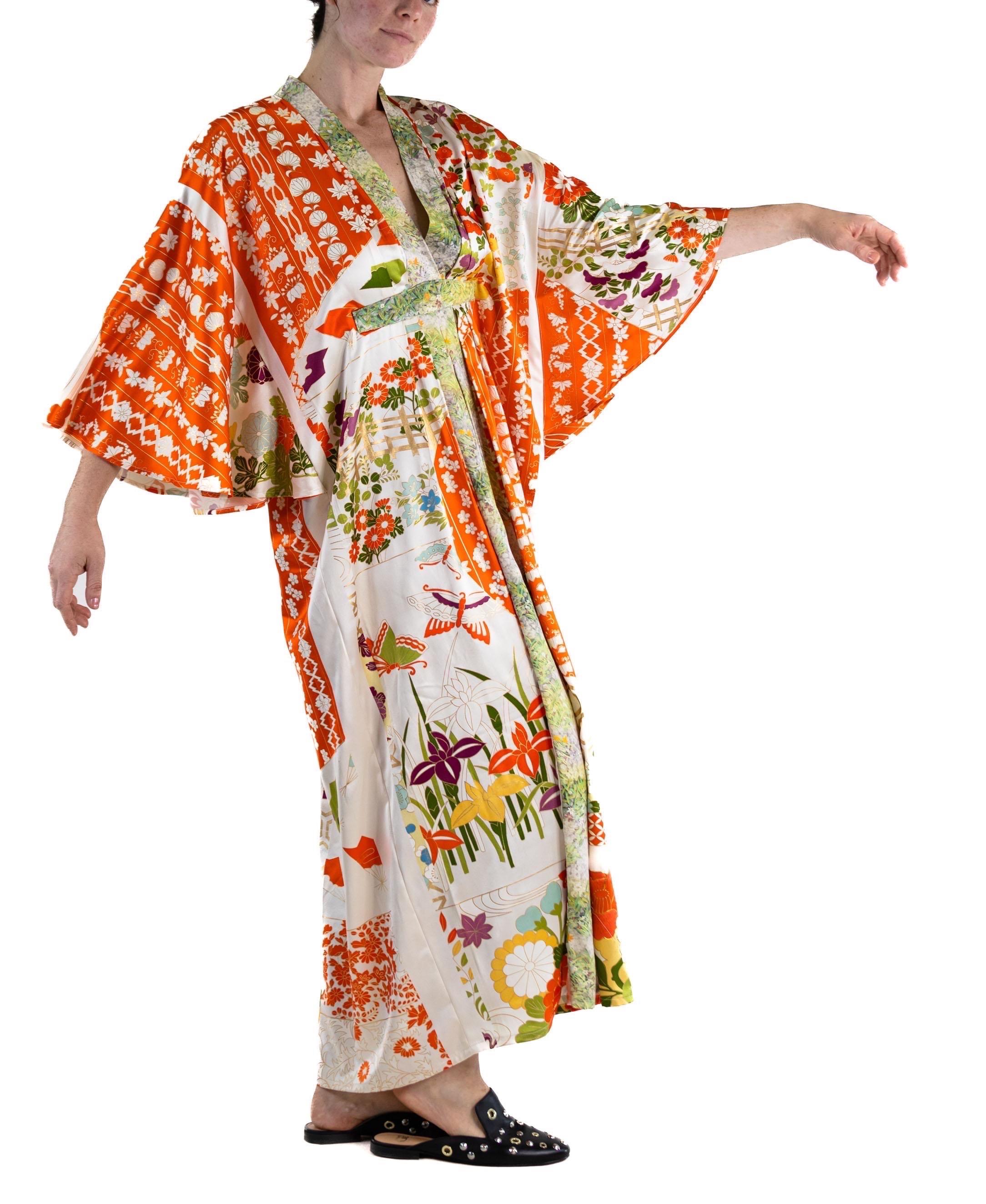 MORPHEW COLLECTION Green & Orange Japanese Kimono Silk Kaftan For Sale 5