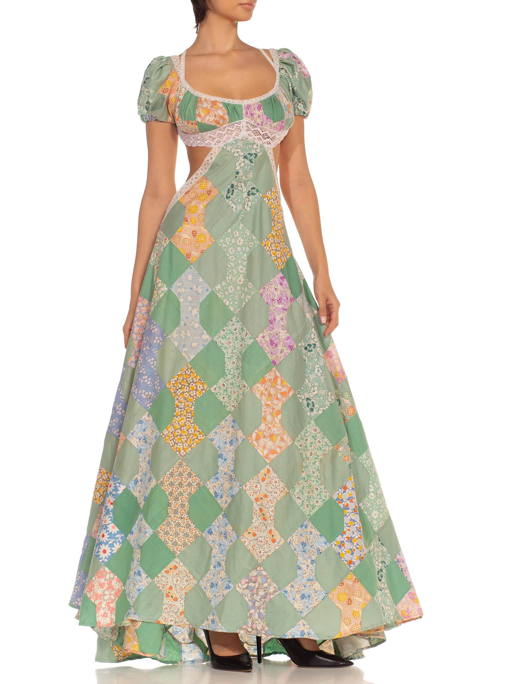 Morphew Collection Green & Orange Organic Cotton Victorian Lace Trim Gown Made  For Sale 4