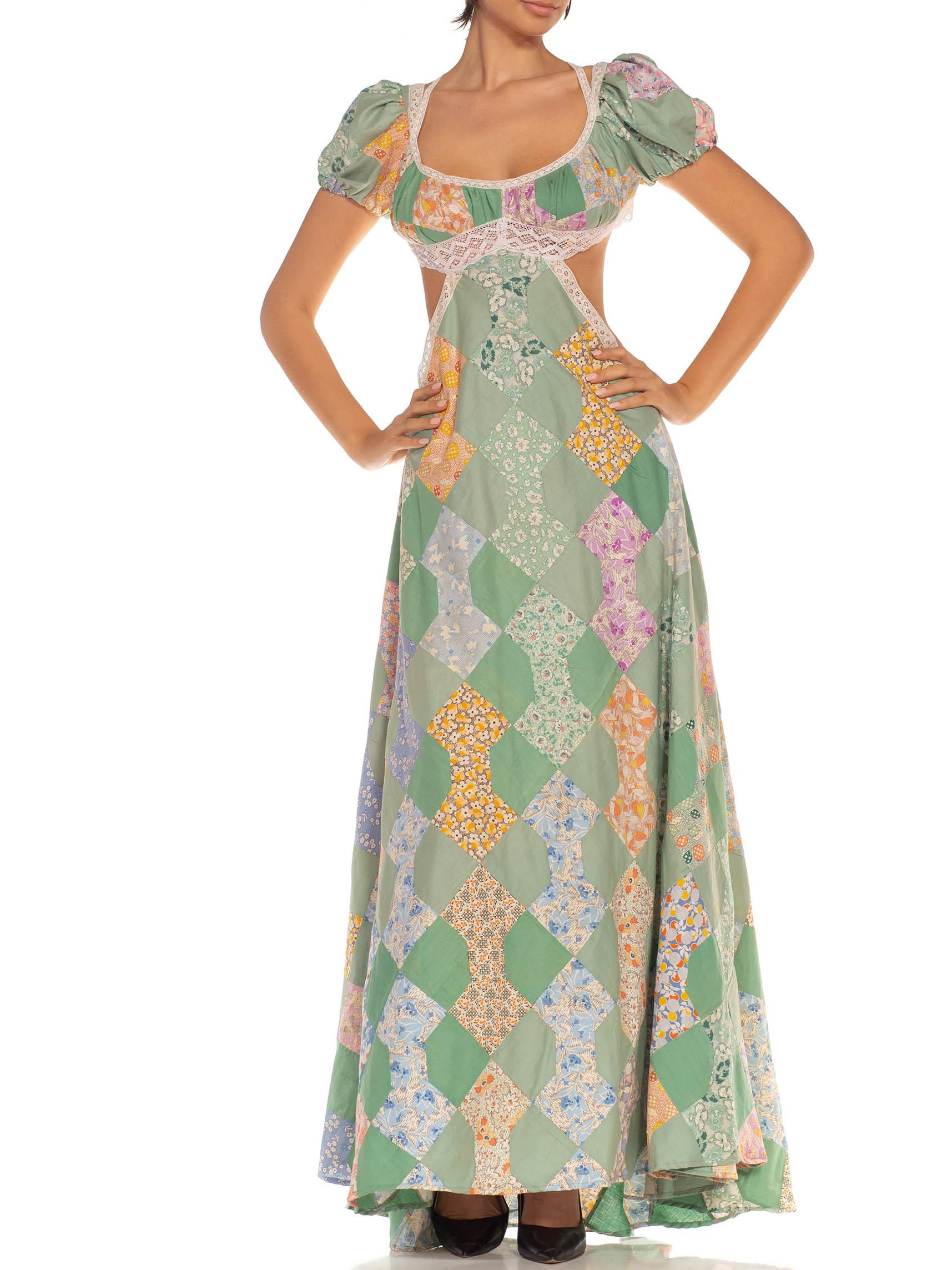 Brown Morphew Collection Green & Orange Organic Cotton Victorian Lace Trim Gown Made  For Sale