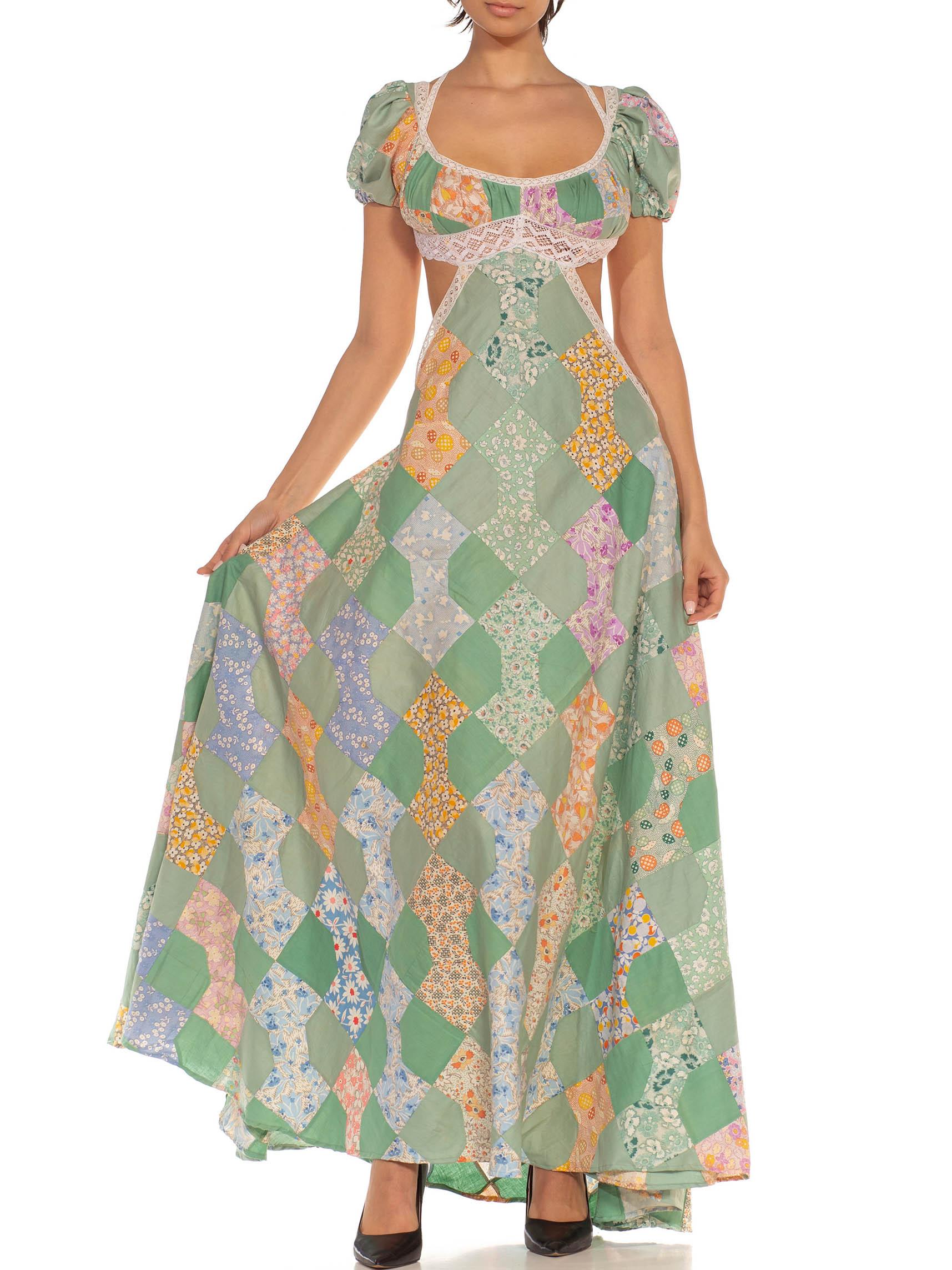Women's Morphew Collection Green & Orange Organic Cotton Victorian Lace Trim Gown Made  For Sale