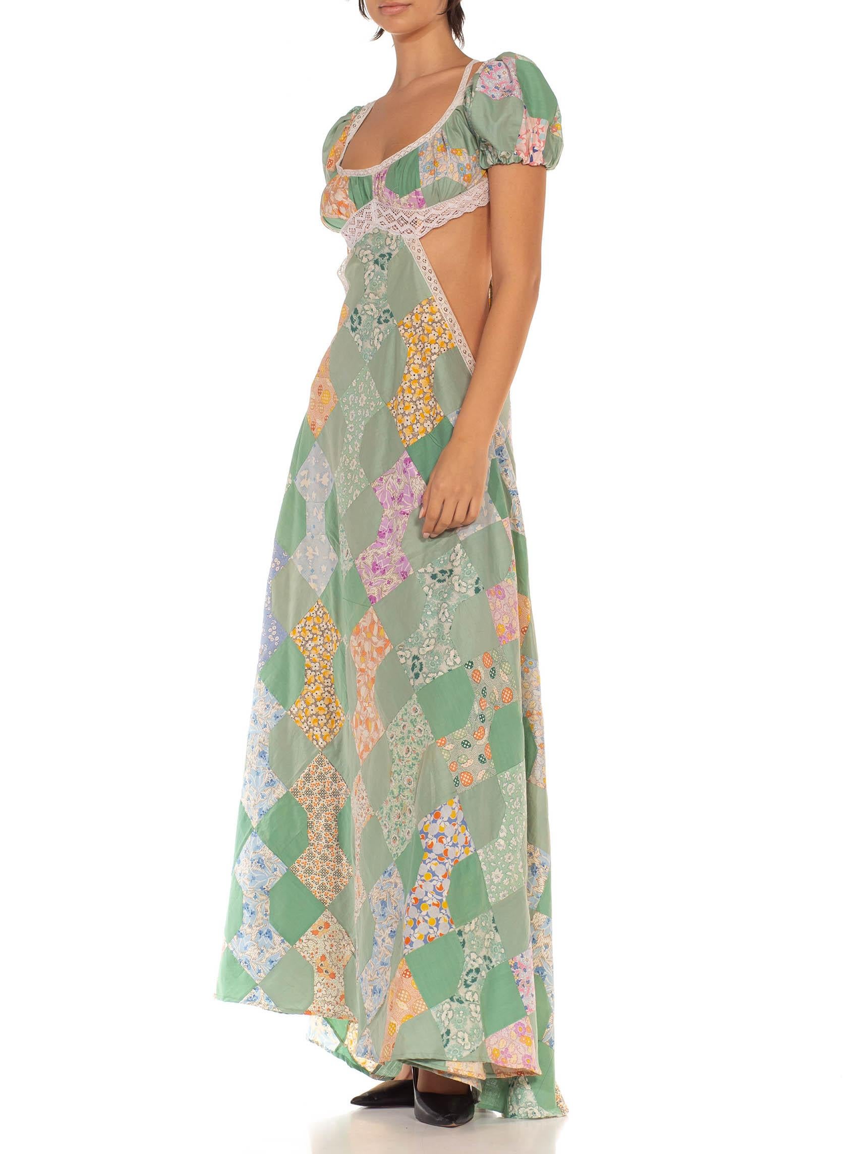 Morphew Collection Green & Orange Organic Cotton Victorian Lace Trim Gown Made  For Sale 1