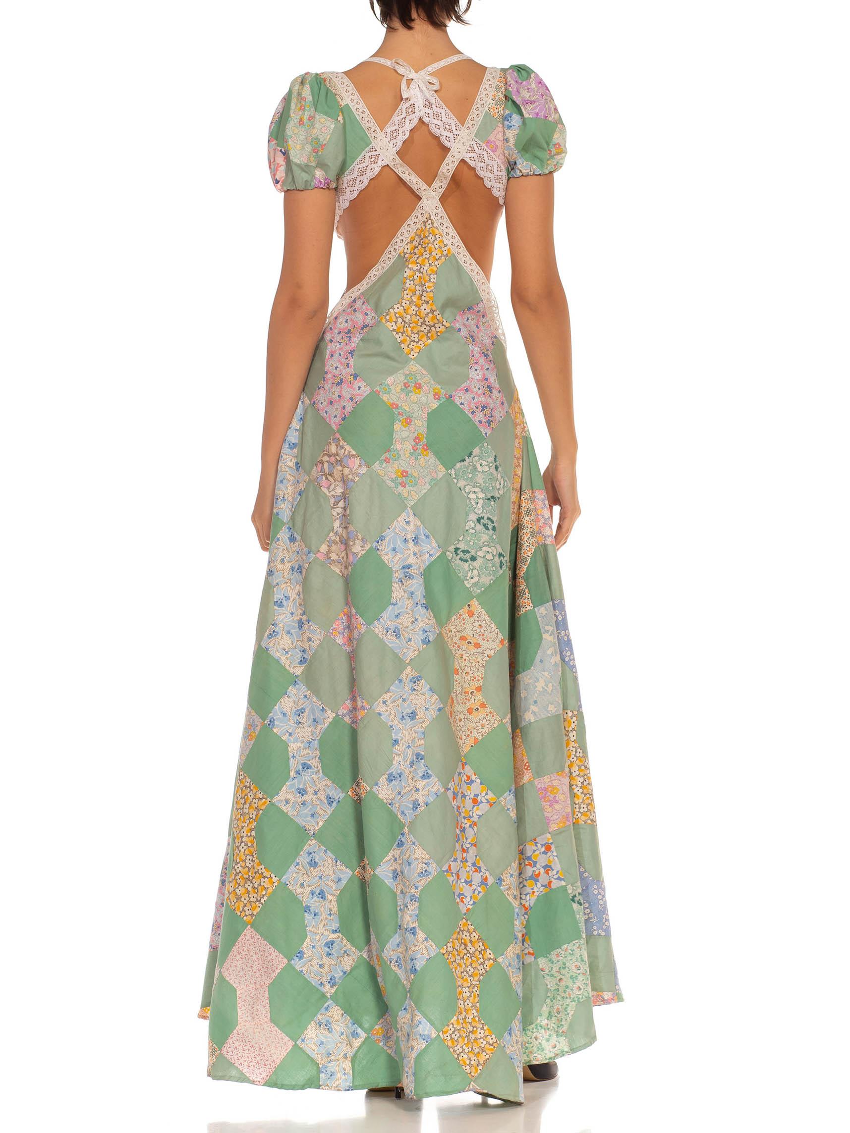 Morphew Collection Green & Orange Organic Cotton Victorian Lace Trim Gown Made  For Sale 2