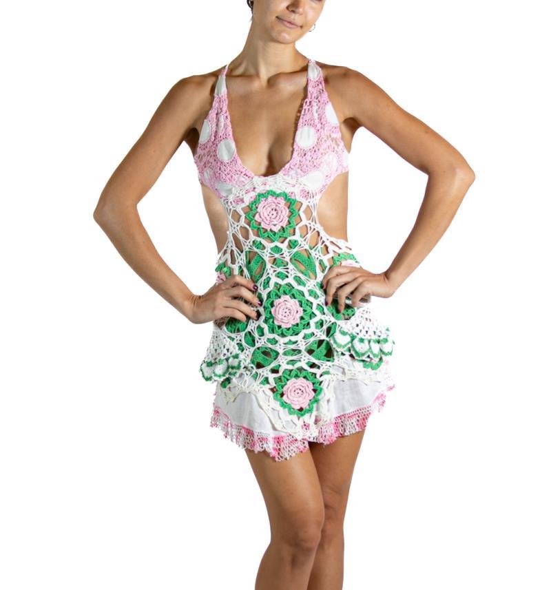 Women's or Men's Morphew Collection Green & Pink White Crochet Dress