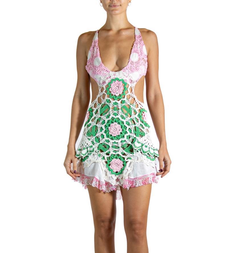 Morphew Collection Green & Pink White Crochet Dress 1