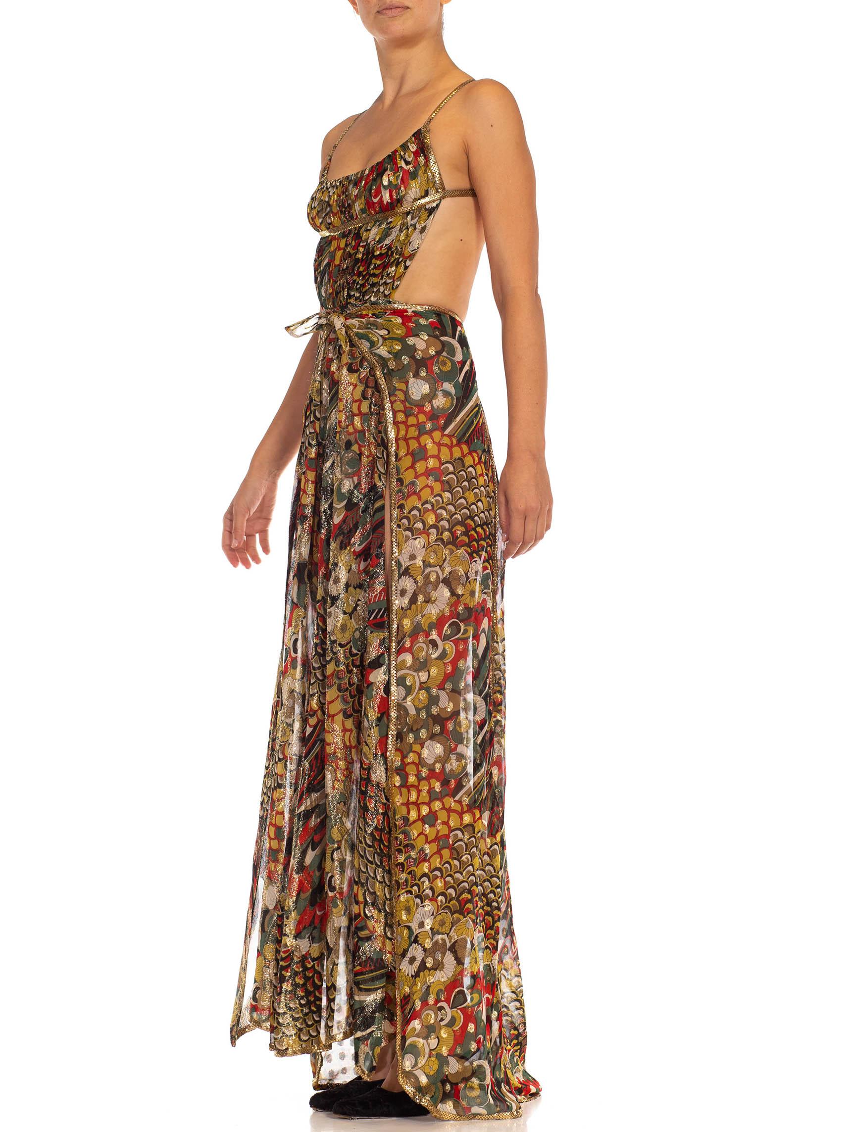 Brown Morphew Collection Green, Red & Gold Lamé Silk Chiffon Dress With Metal Mesh