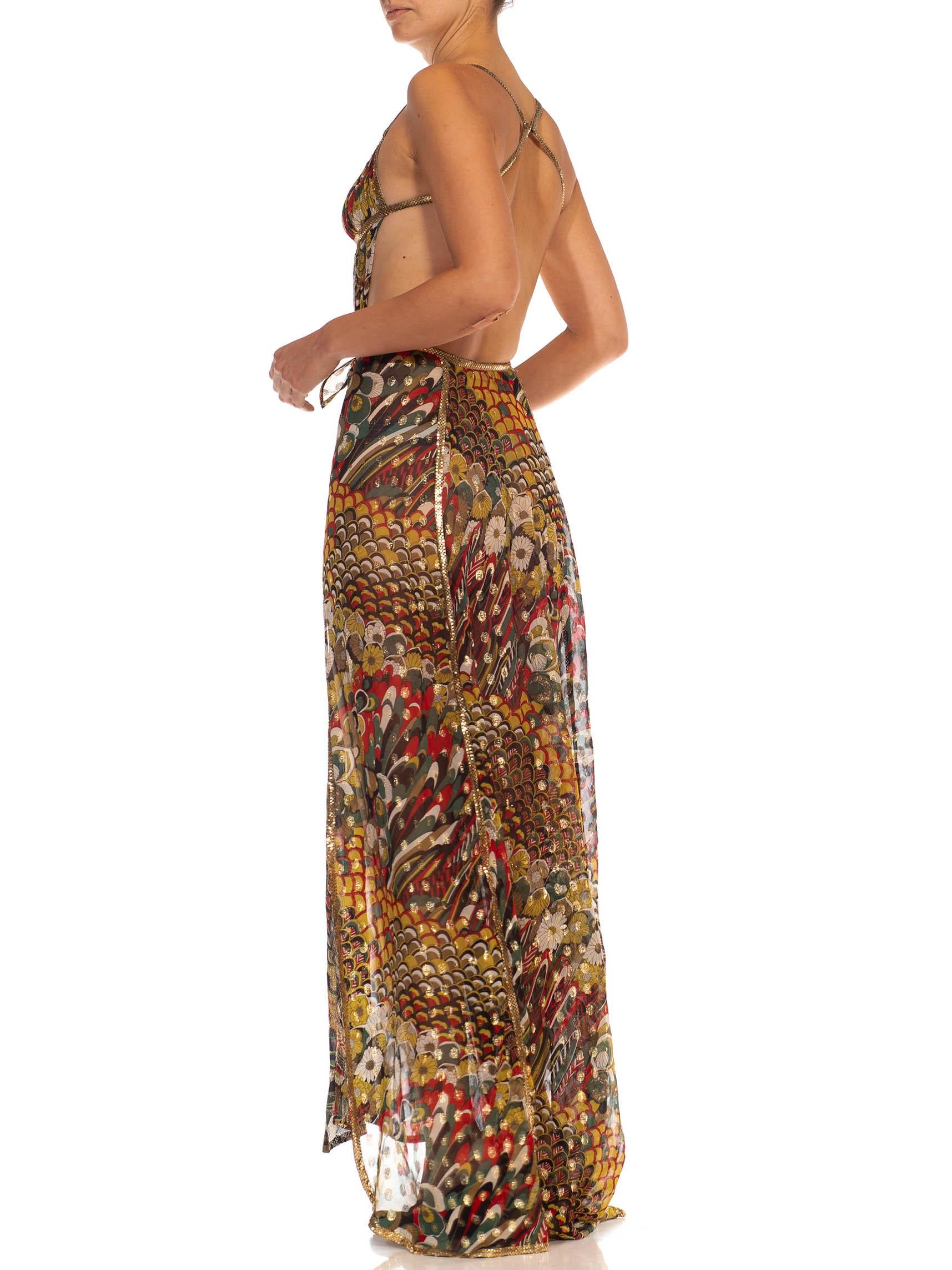 Morphew Collection Green, Red & Gold Lamé Silk Chiffon Dress With Metal Mesh 1