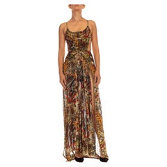 Morphew Collection Green, Red & Gold Lamé Silk Chiffon Dress With Metal Mesh
