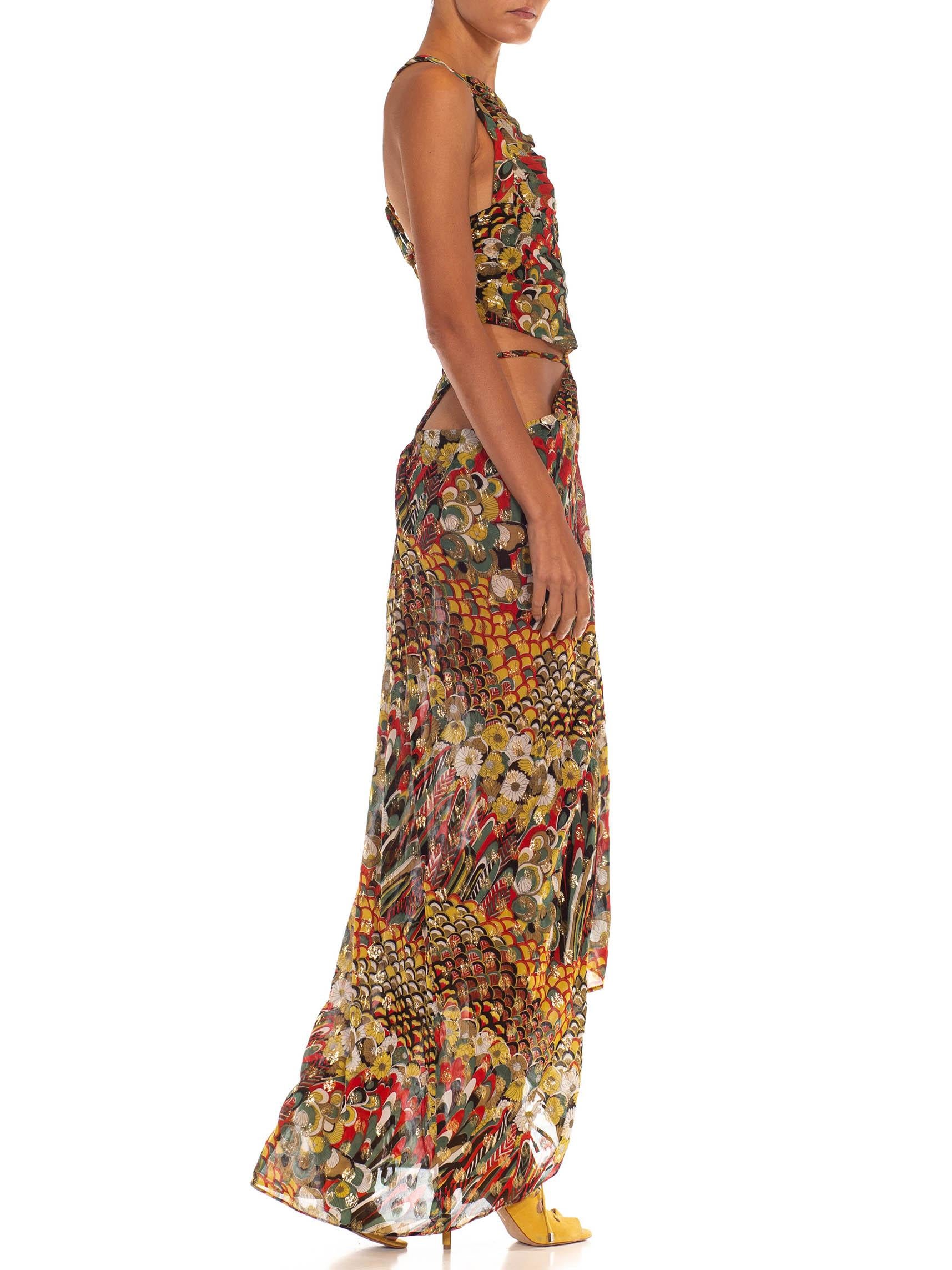 Brown Morphew Collection Green, Red & Gold Lamé Silk Chiffon Gown