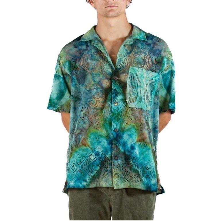 Item is located in MONACO and can take up to 2 weeks to arrive.

MORPHEW COLLECTION Green & Teal Cotton Lace Shirt
MORPHEW COLLECTION is made entirely by hand in our NYC Ateliér of rare antique materials sourced from around the globe. Our