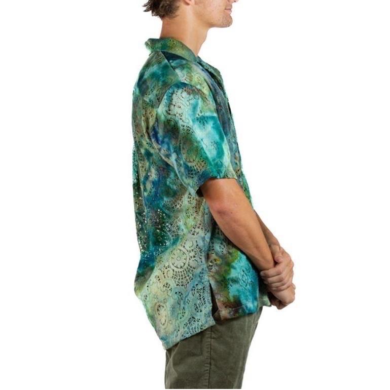 MORPHEW COLLECTION Green & Teal Cotton Lace Shirt In Excellent Condition For Sale In New York, NY
