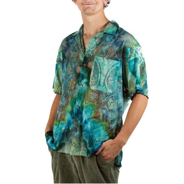 MORPHEW COLLECTION Green & Teal Cotton Lace Shirt For Sale 1