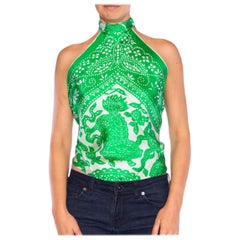 MORPHEW COLLECTION Green & White Silk Tie Top Made From Vintage Scarf