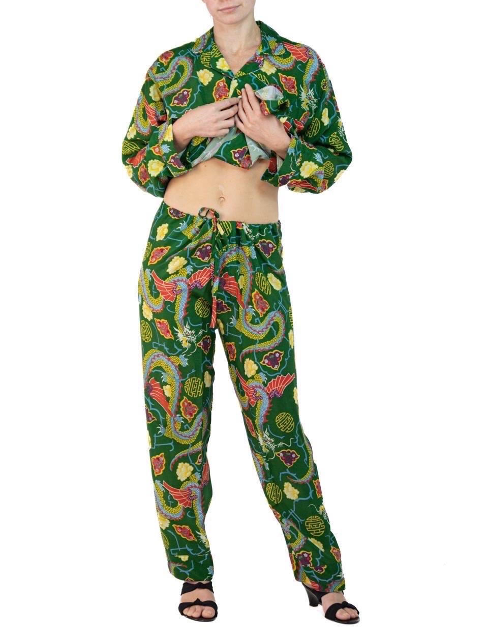 Women's or Men's Morphew Collection Green & Yellow Dragon Novelty Print Cold Rayon Bias Draw Str For Sale