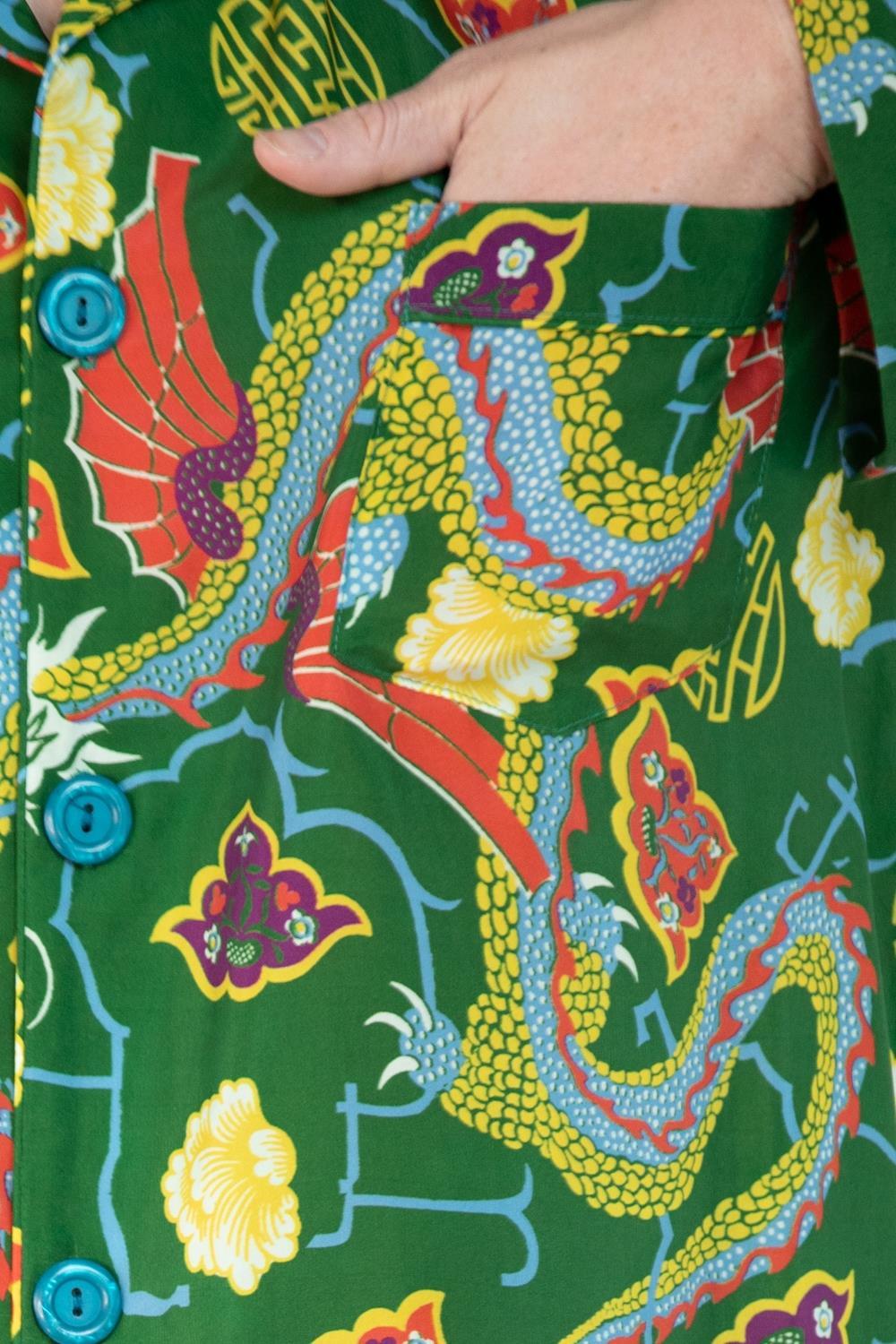Morphew Collection Green & Yellow Dragon Novelty Print Cold Rayon Bias Draw Str For Sale 4