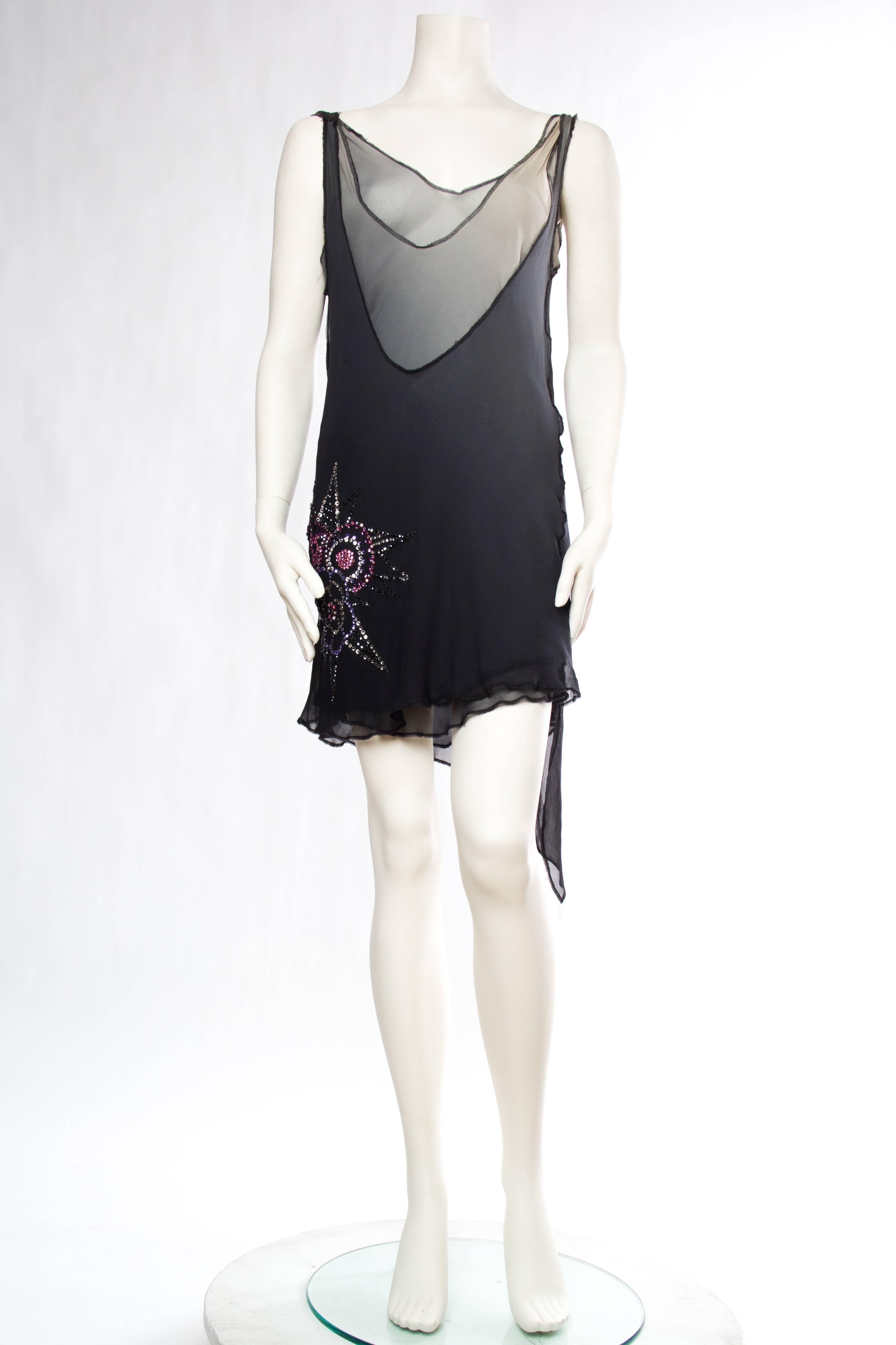 MORPHEW COLLECTION Grey Ombré Silk Chiffon Deconstructed Bias Flapper Style Cocktail Dress With Swarovski Crystals