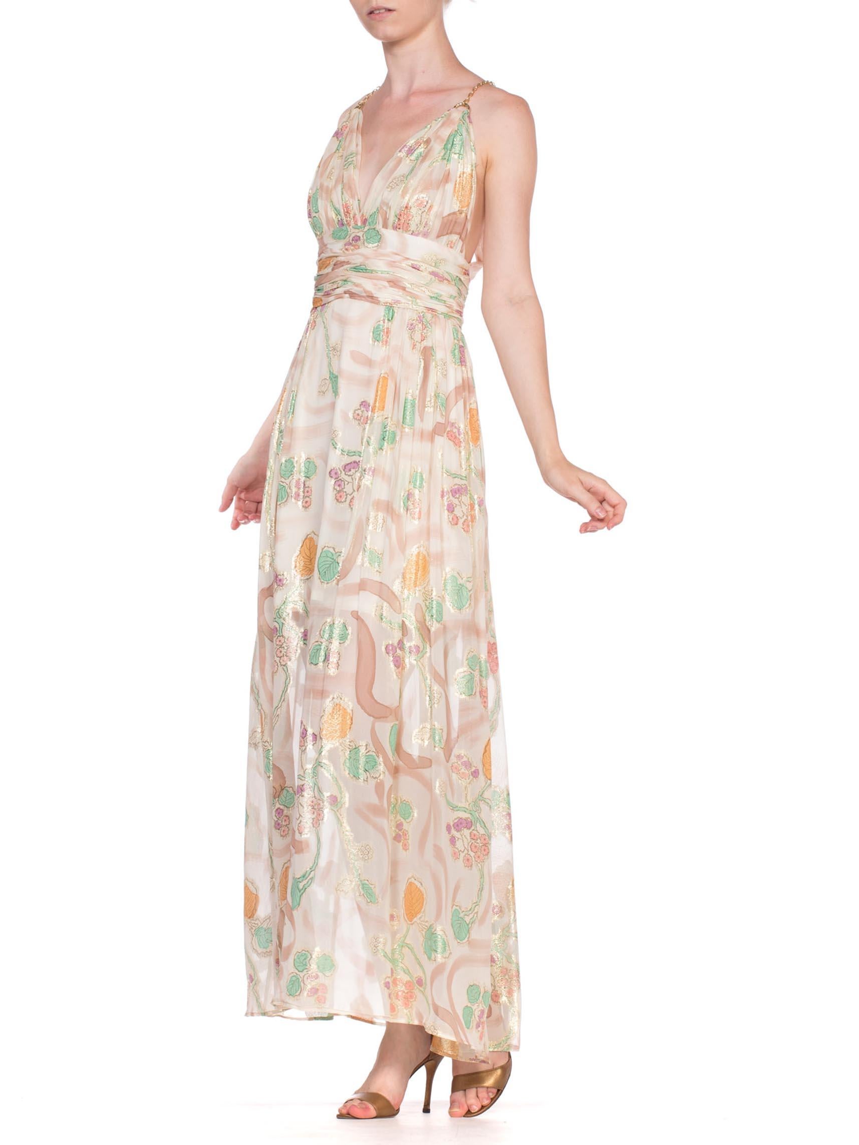 MORPHEW COLLECTION Hand Painted Silk Lurex Fil Coupé  Chiffon Gown With Gold Ch In Excellent Condition For Sale In New York, NY