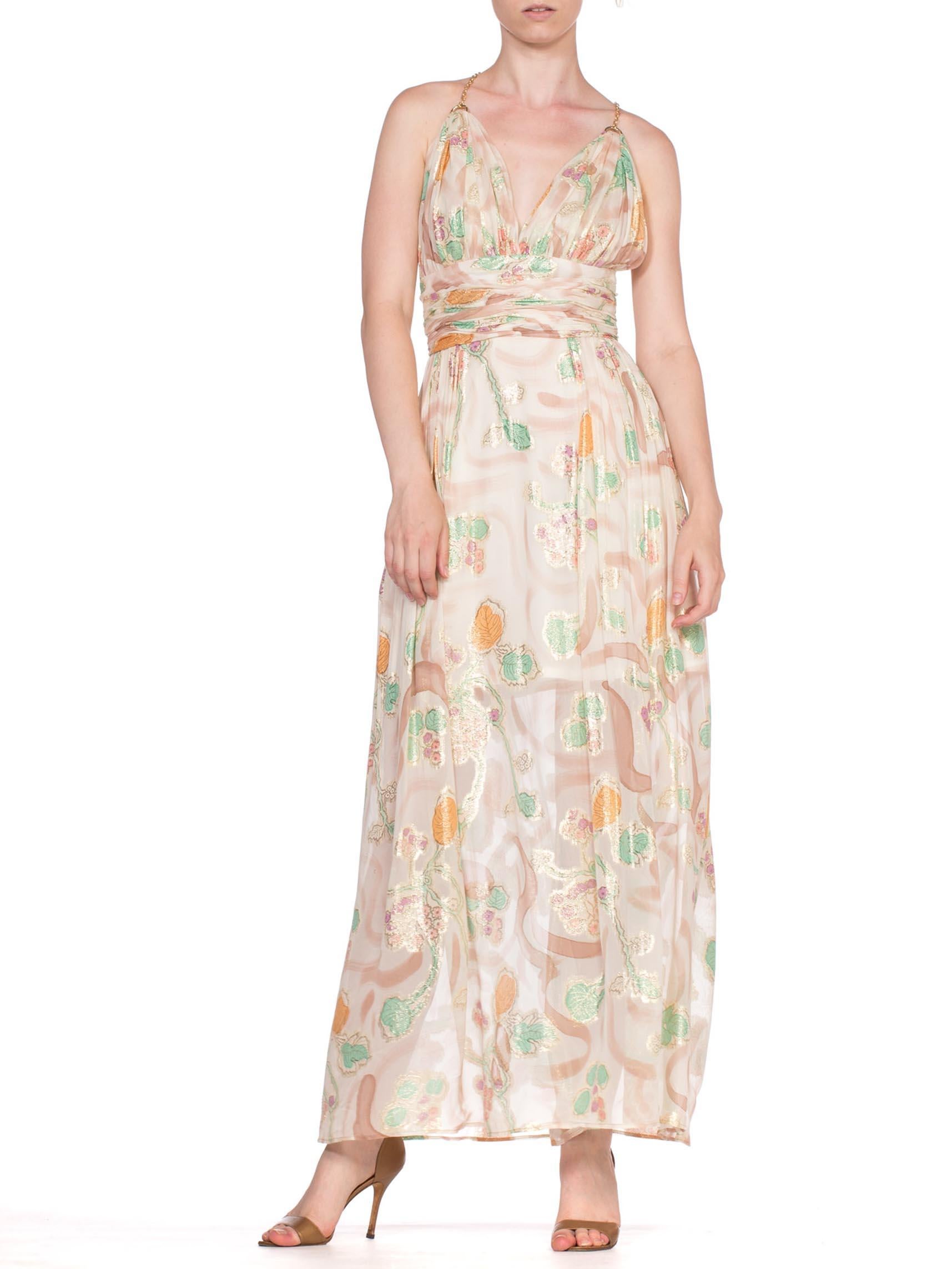 MORPHEW COLLECTION Hand Painted Silk Lurex Fil Coupé  Chiffon Gown With Gold Ch For Sale 1