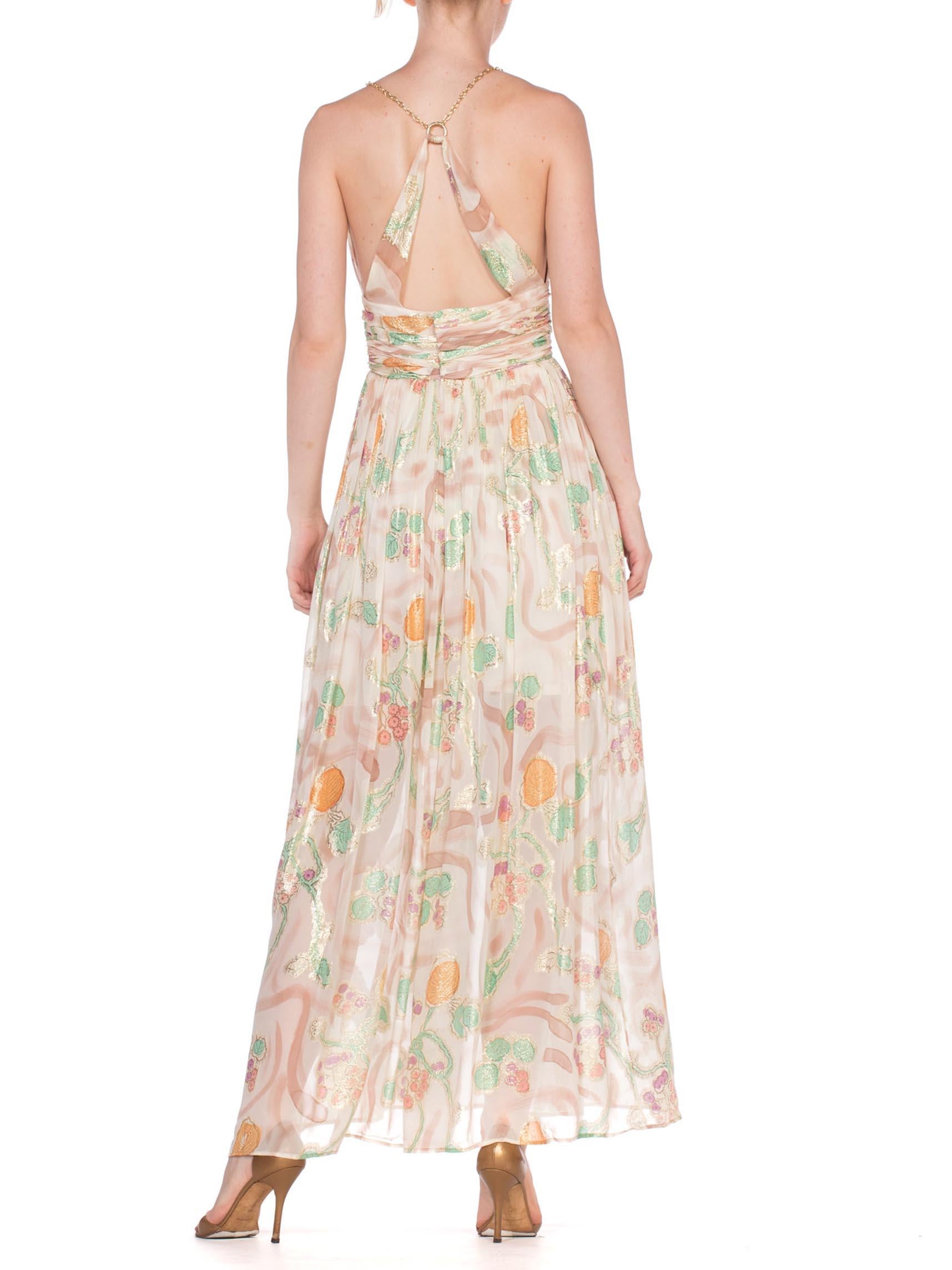 MORPHEW COLLECTION Hand Painted Silk Lurex Fil Coupé  Chiffon Gown With Gold Ch For Sale 2