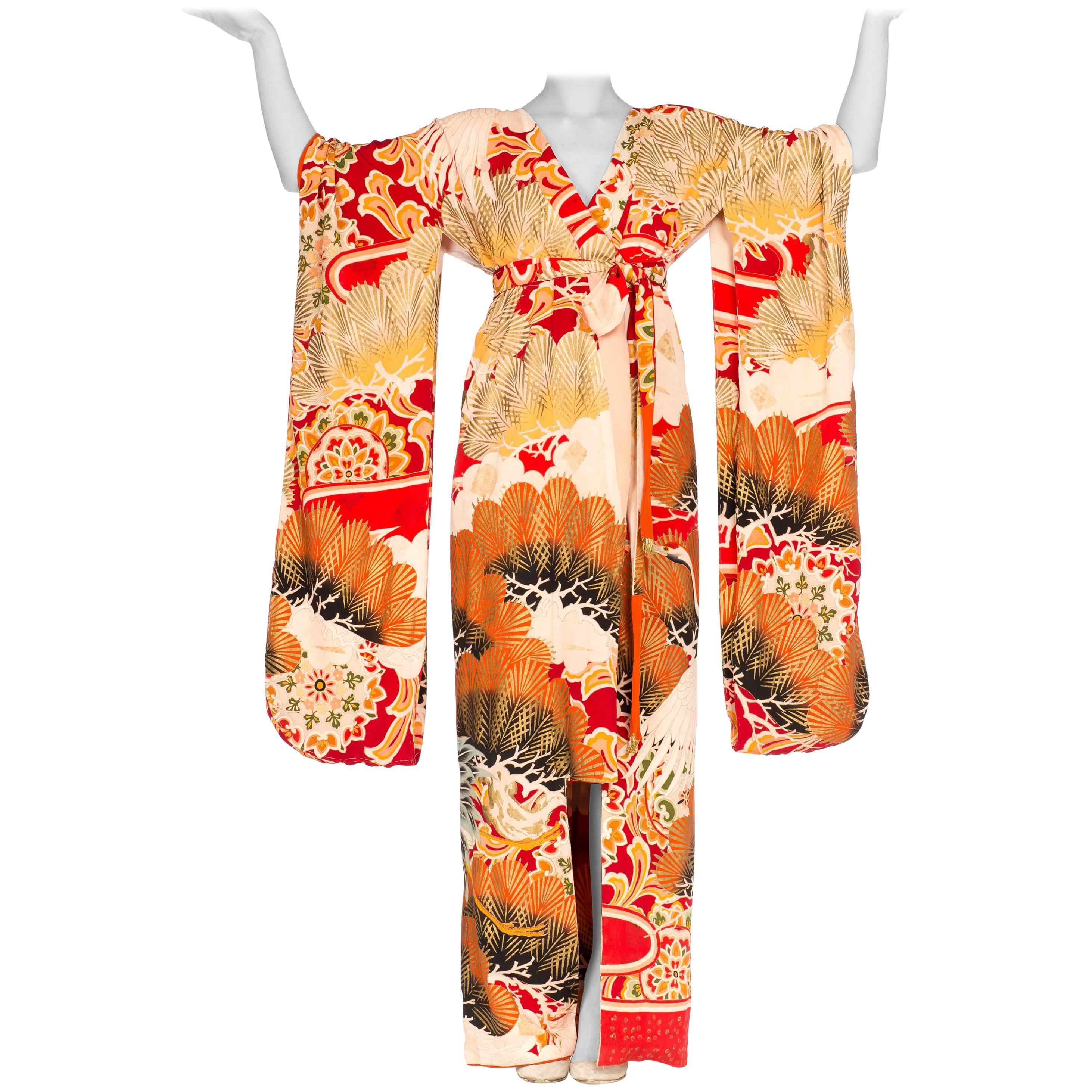 MORPHEW COLLECTION Hand Painted Silk Wrap Kimono Dress Made From An Antique 192